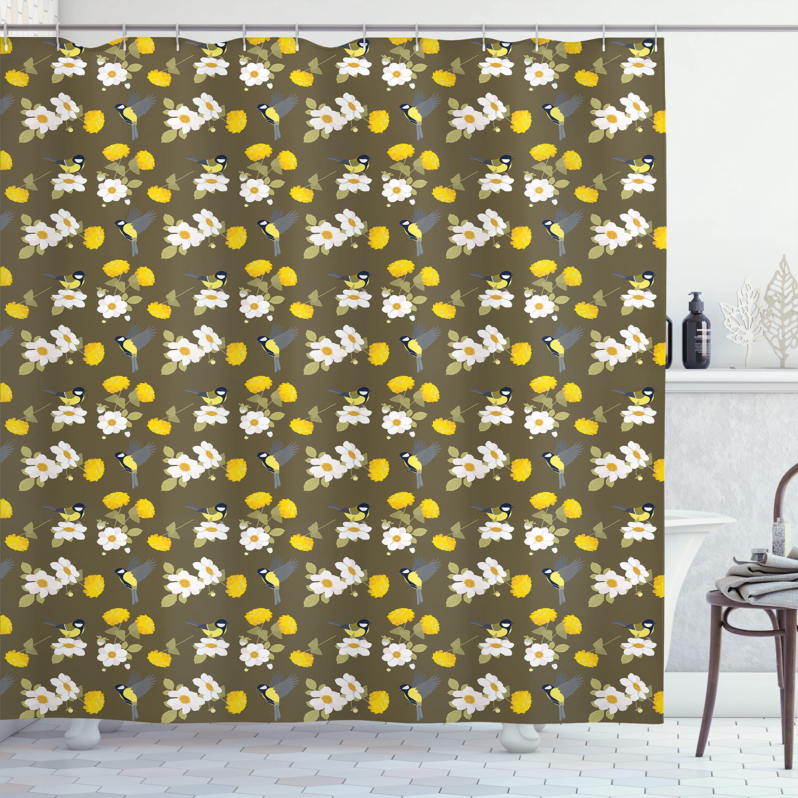 Vintage Yellow Bird Shower Curtain - Ambesonne Floral Avian Design with Dahlias, Chrysanthemums & Titmouse Birds, 69x84 Inch Fabric Bathroom Decor Set with Hooks in Fawn & Multicolor - Perfect for Vintage Style Bathrooms & Bird Lovers' Home Decor