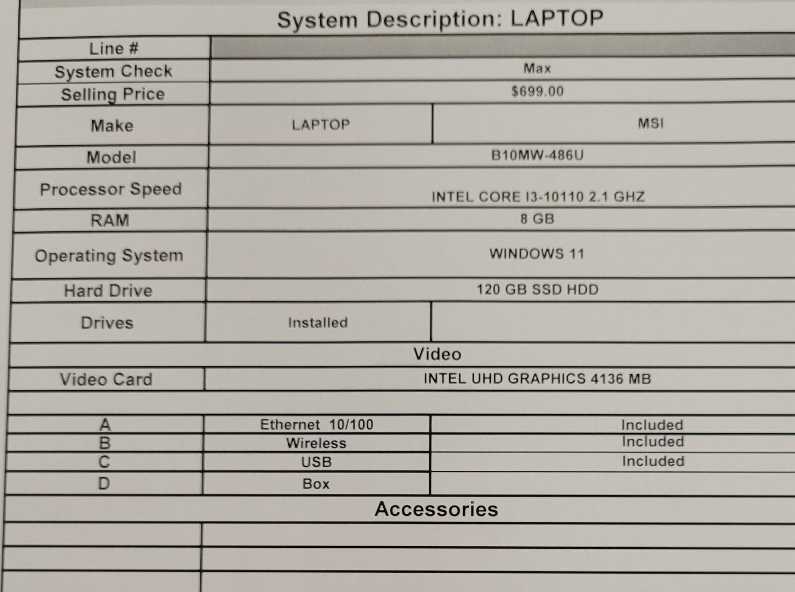 MSI B10MW 486U Laptop - 15.6