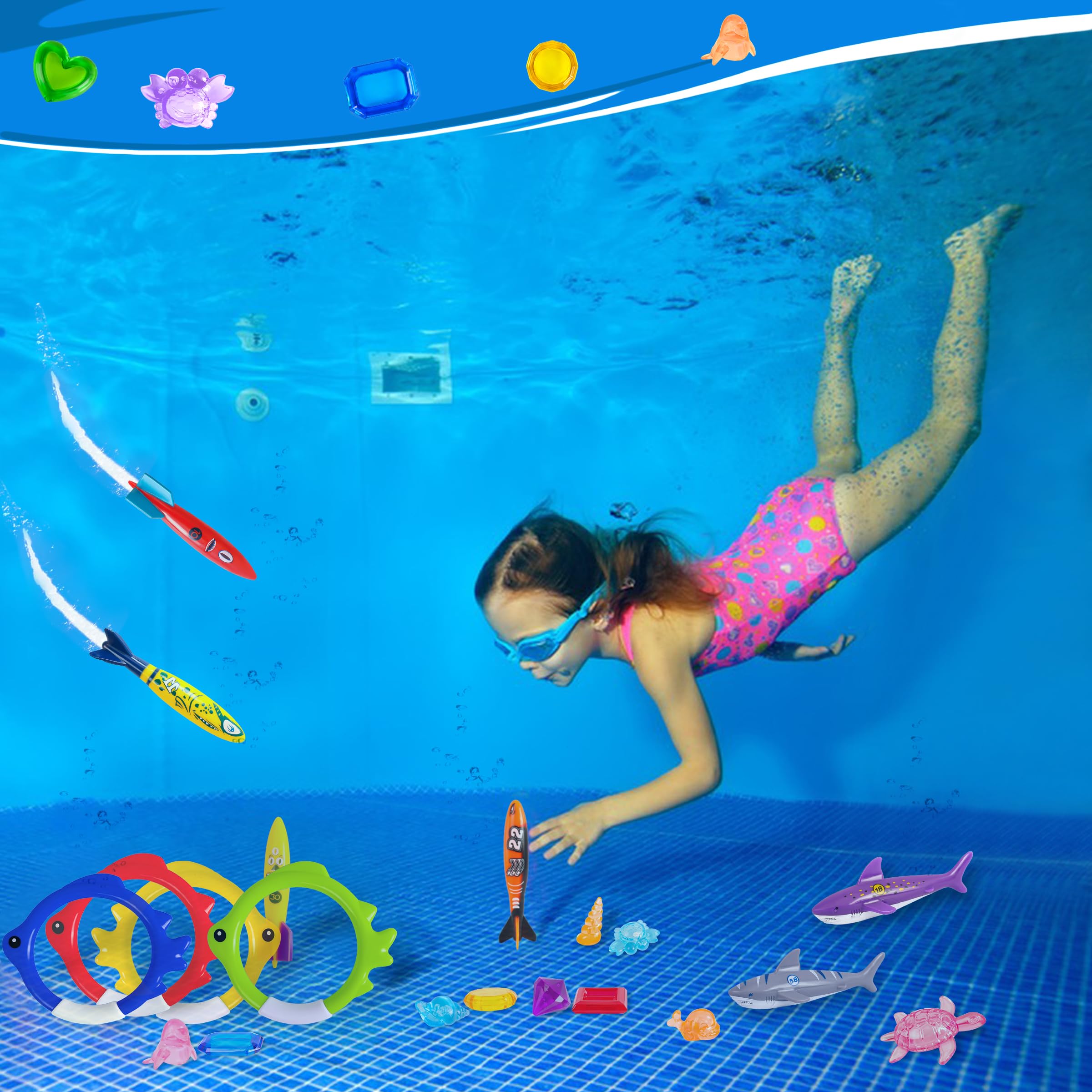 26 Pcs Diving Pool Toys Set for Kids - Swimming Pool Games with Storage Bag Includes Dive Rings, Torpedo Gems & Sea Animals - Perfect for Summer Swim Fun, Pool Parties & Water Play Activities