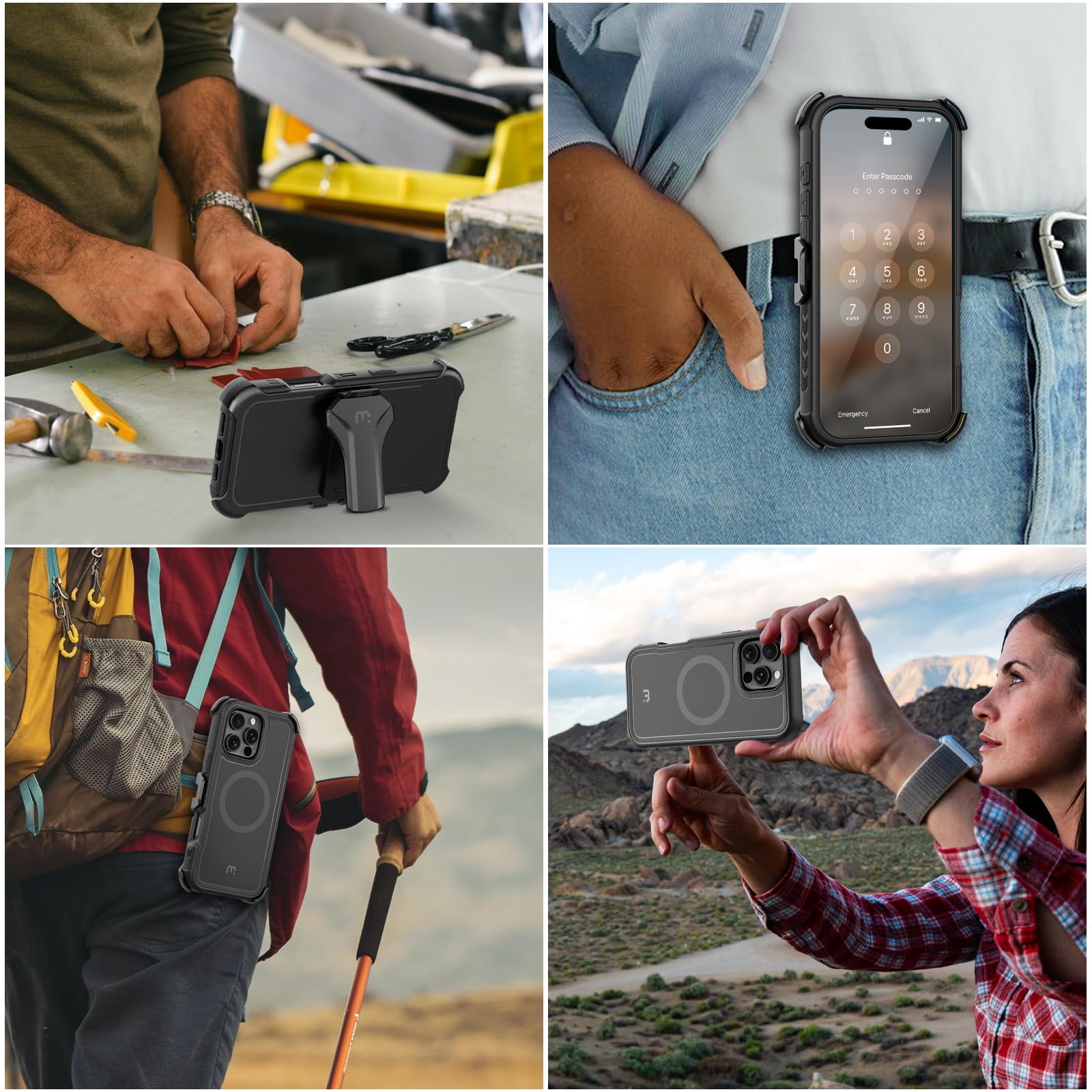 M MYBAT PRO Maverick Series iPhone 16 Pro 6.3 Case with Belt Clip Holster - Magsafe Compatible, Anti-Drop Shockproof Protection, Includes Screen Protector & 360° Rotating Kickstand (Black) - Perfect for Construction, Outdoor Work & Active Lifestyle