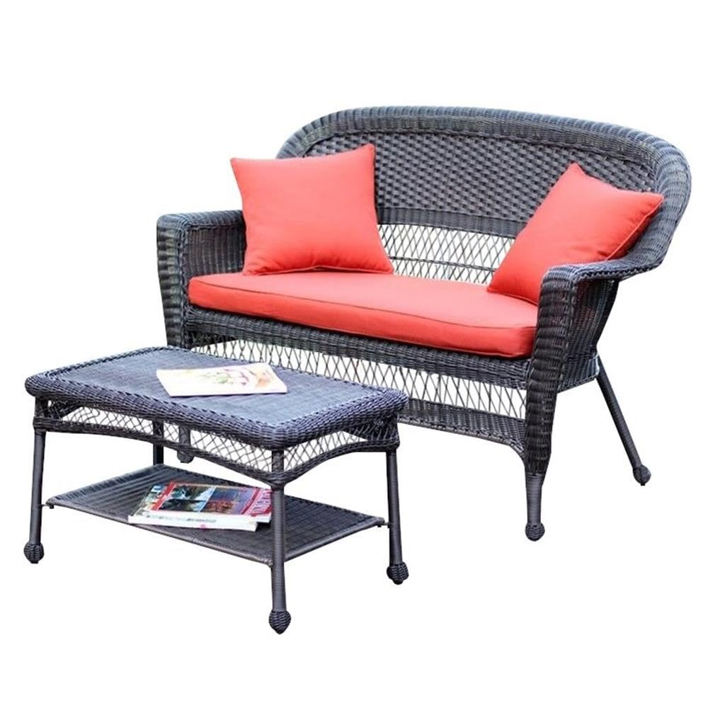 Jeco Wicker Patio Set - Love Seat & Coffee Table with Cushions for Outdoor Relaxation