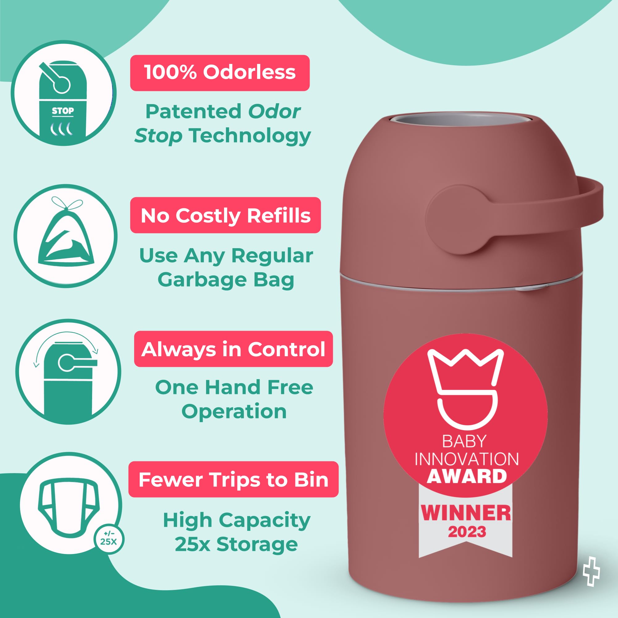 Magic Baby Diaper Pail with OdorLock Technology - Hands-Free Disposal System, Works with Any Trash Bags, Includes 4 Refill Rolls (Clay) - Perfect for Nursery, Baby Room & Diaper Changing Stations