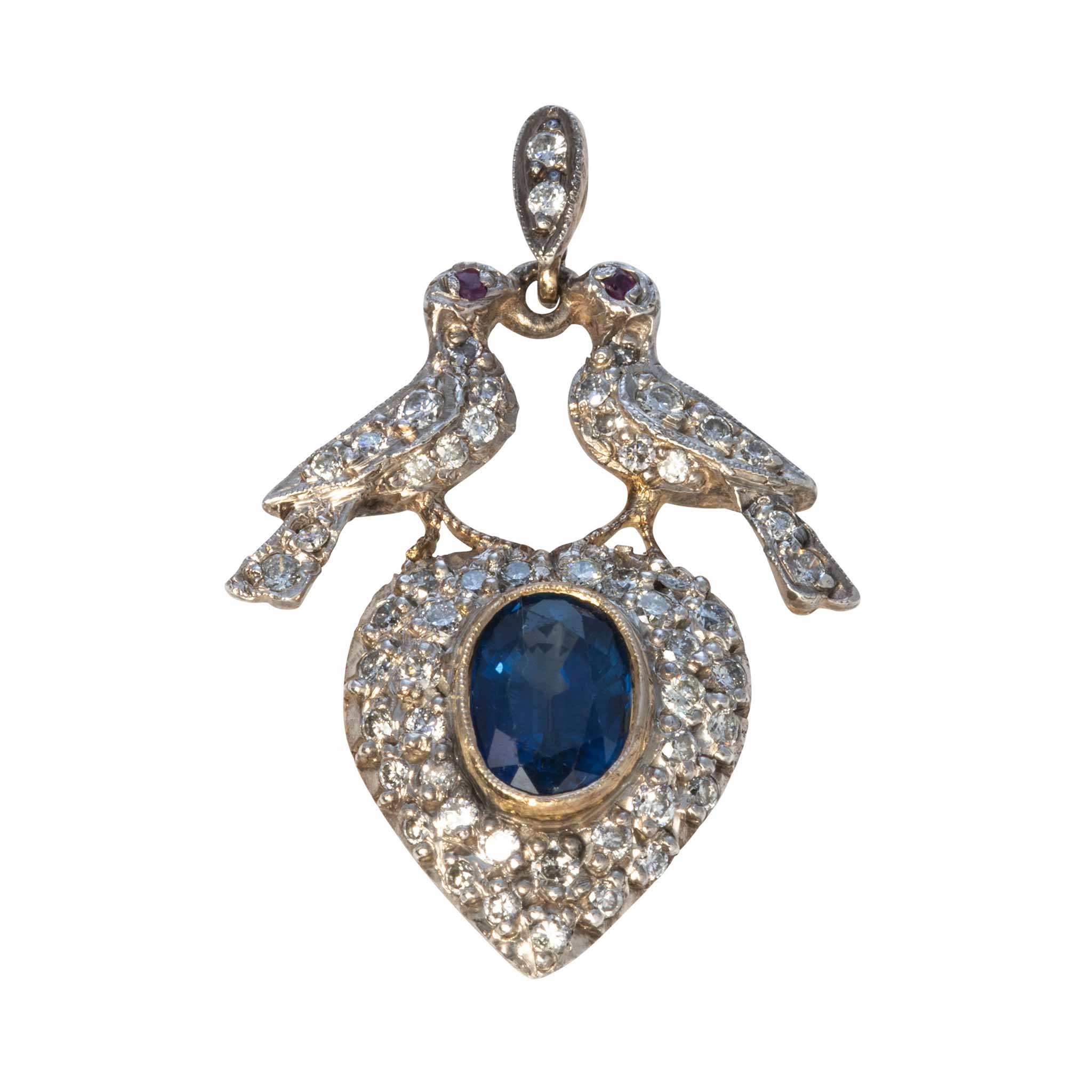 Victorian Style Sapphire & Diamond Heart Love Birds Pendant Necklace - Elegant Antique Jewelry for Women - Perfect for Valentine's Day, Anniversary & Romantic Gifts