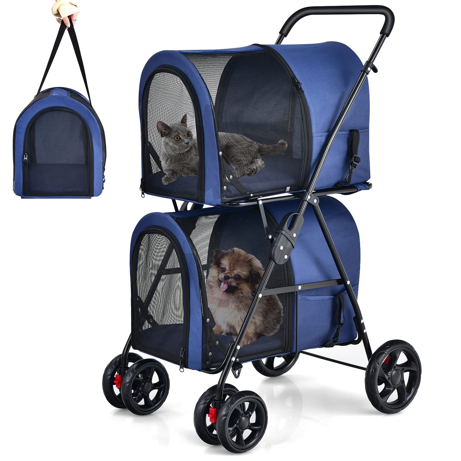Giantex Double Pet Stroller for Dogs & Cats - 2 Detachable Carrier Bags, Safety Belt, 4 Lockable Wheels - Foldable Travel Carrier for Small & Medium Pets - Perfect for Park Walks, Vet Visits & Shopping Trips (Navy Blue)