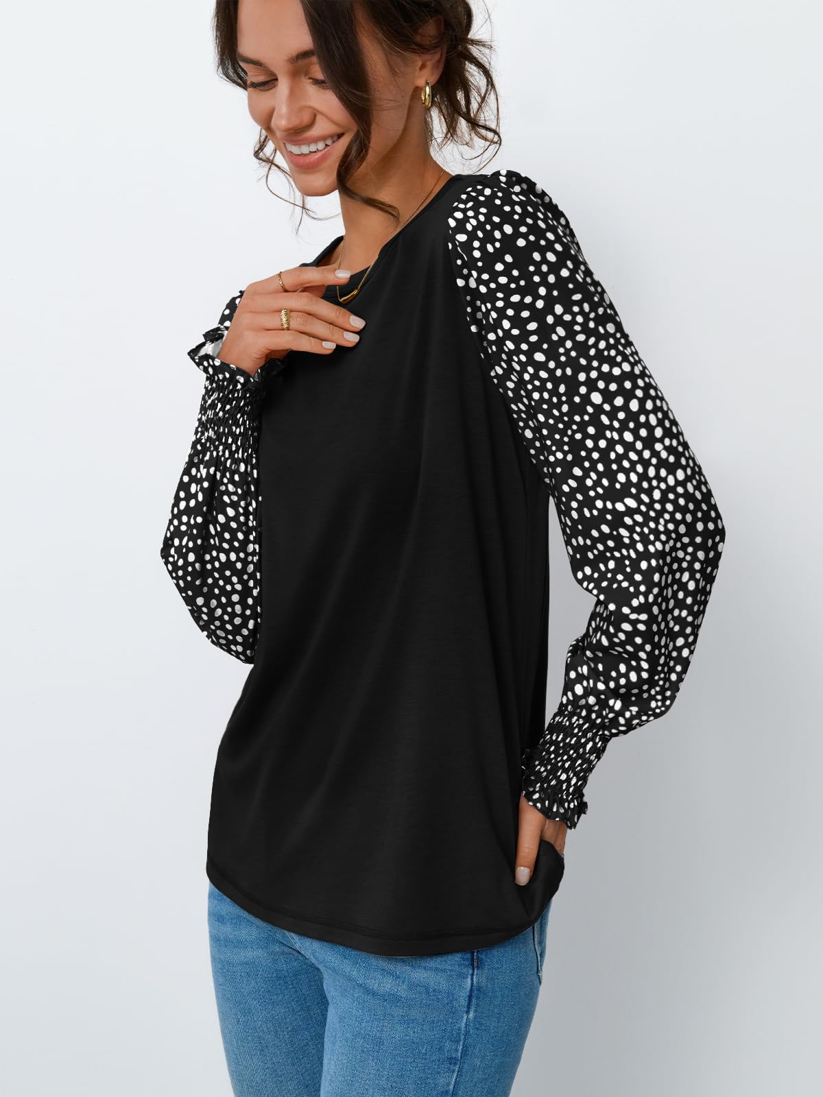 Dealmore Women's Long Sleeve Blouse - Cute Puff Sleeve Polka Dot T-Shirt for Business Casual Wear | 2025 Fall Winter Fashion Tops | Perfect for Office, Dating & Holiday Outfits
