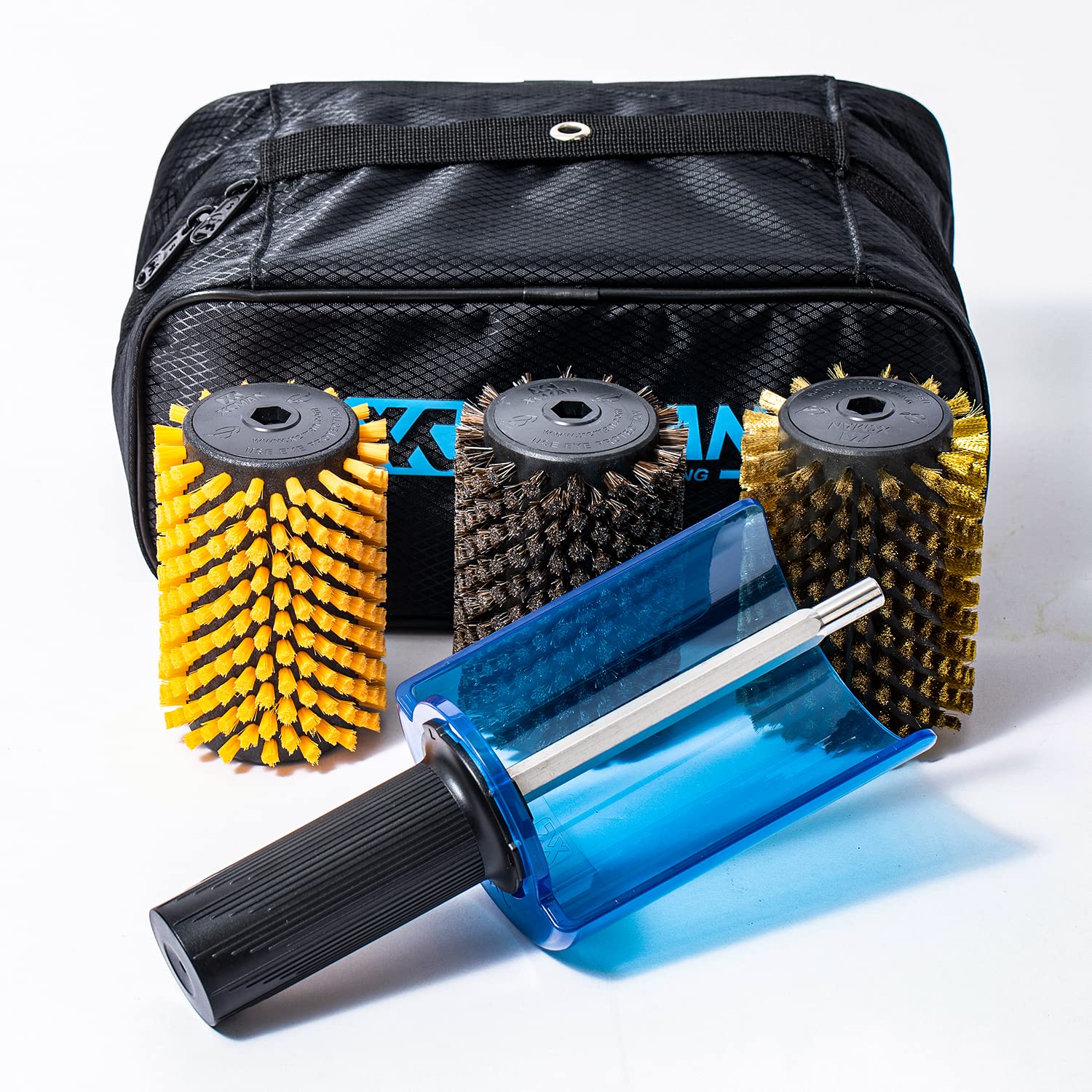 XC Alpine Ski Rotary Brush Kit - Nylon, Horsehair, Brass & Cork Brushes (100mm) with Axle Handle | Perfect for Ski Maintenance & Edge Tuning | Ideal for Home & Professional Ski Tuning