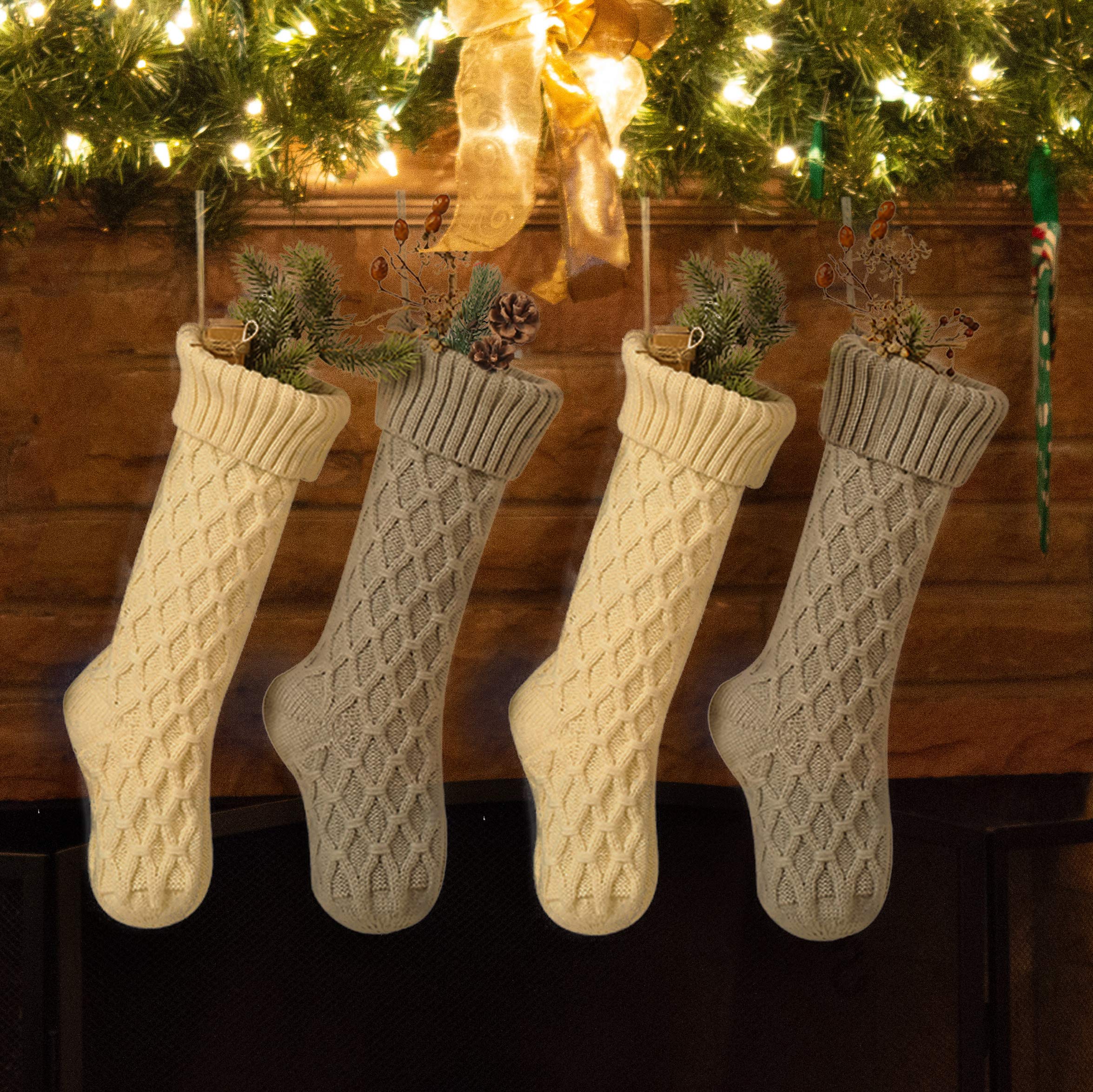 Premium Cable Knit Argyle Christmas Stockings - 18 Inch Large Size, Personalized Ivory White & Gray Holiday Decor (4 Pack) | Perfect for Family Gift Exchange, Fireplace Mantel Decorations & Festive Home Styling
