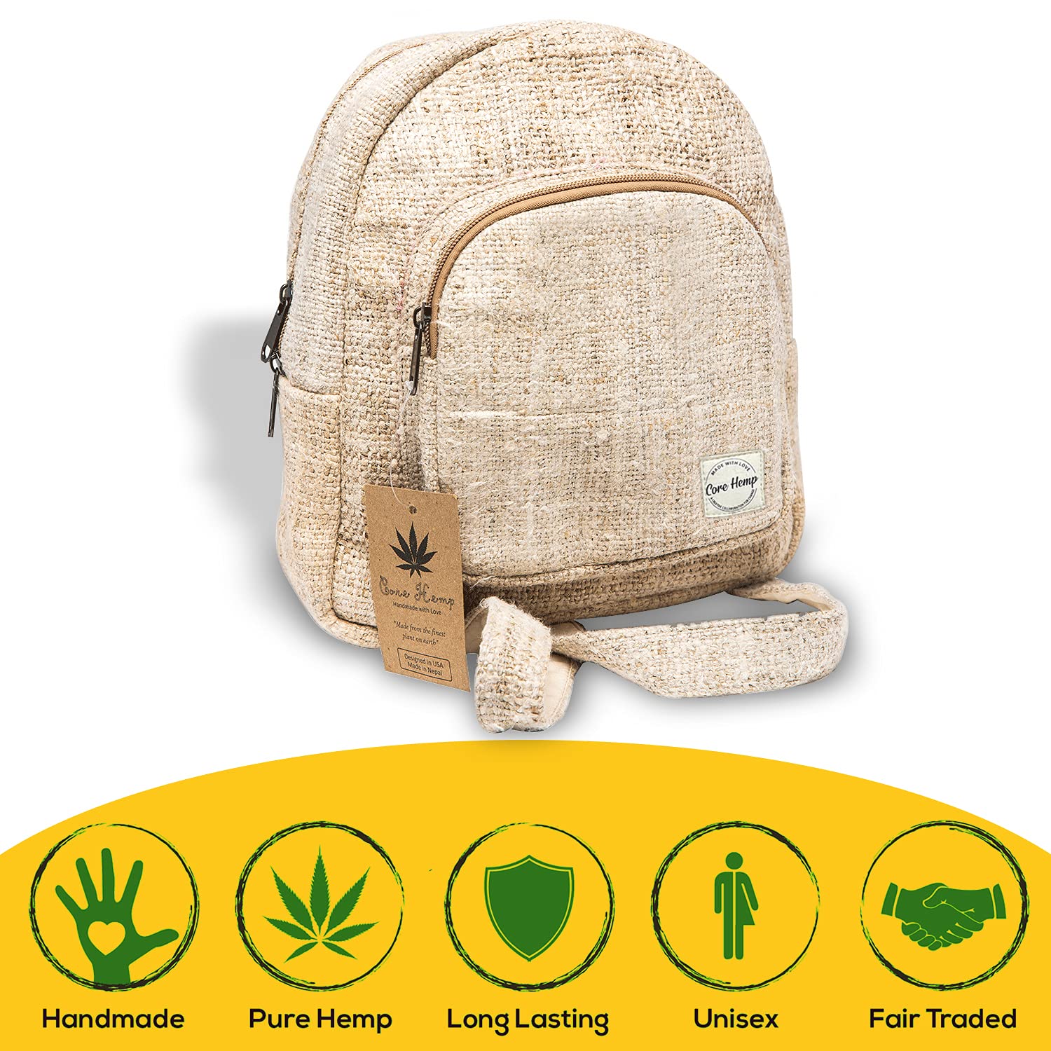 Organic Hemp Mini Backpack - Handmade Hippie Purse with 2 Compartments | Eco-Friendly Crossbody Bag for Travel, Festival & Daily Use