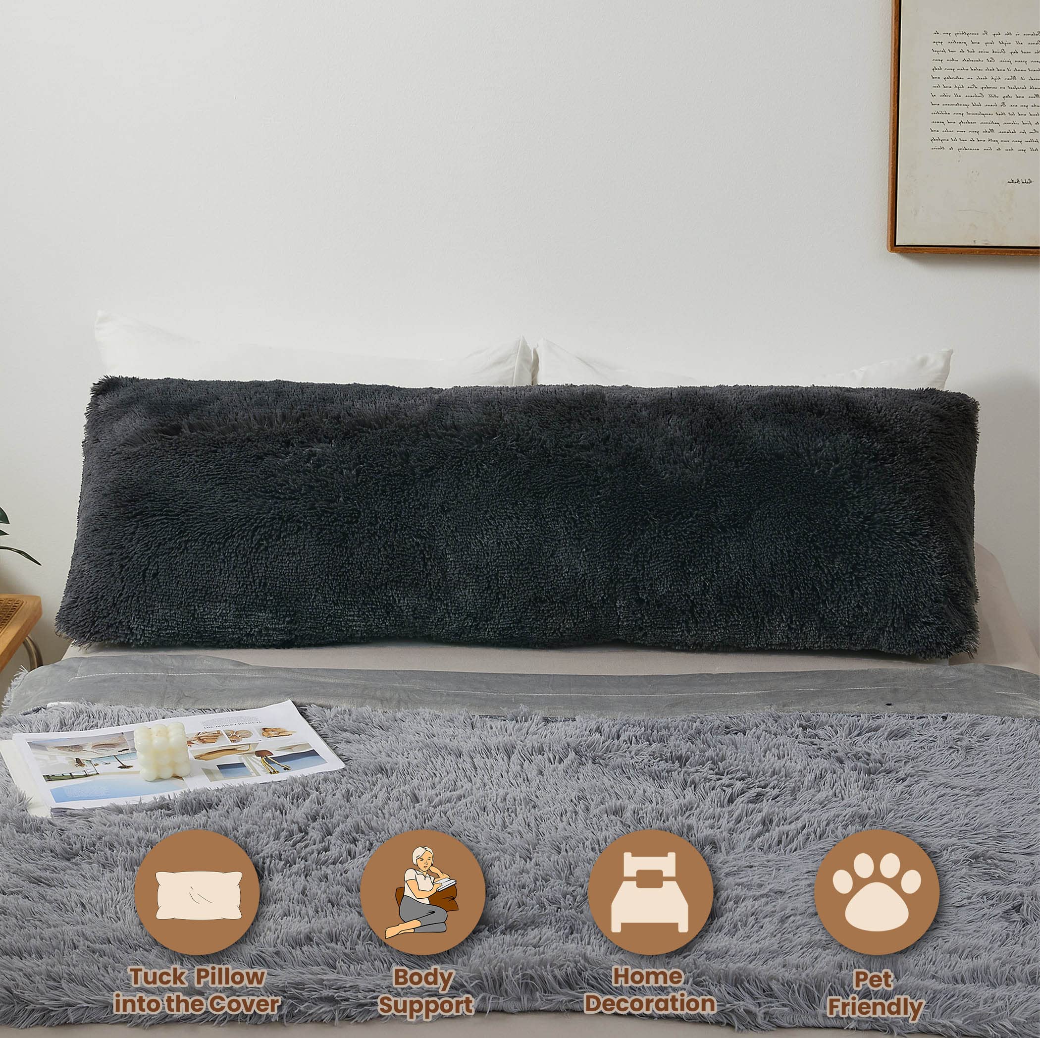 MEGO Shaggy Plush Body Pillow Cover - 20x54 Inch Grey Faux Fur Fluffy Pillowcase with Zipper, Soft Boho Fuzzy Pillow Sham for Bed, Couch & Living Room - Perfect for Cozy Home Decor, Nap Time & Movie Nights (Dark Gray)