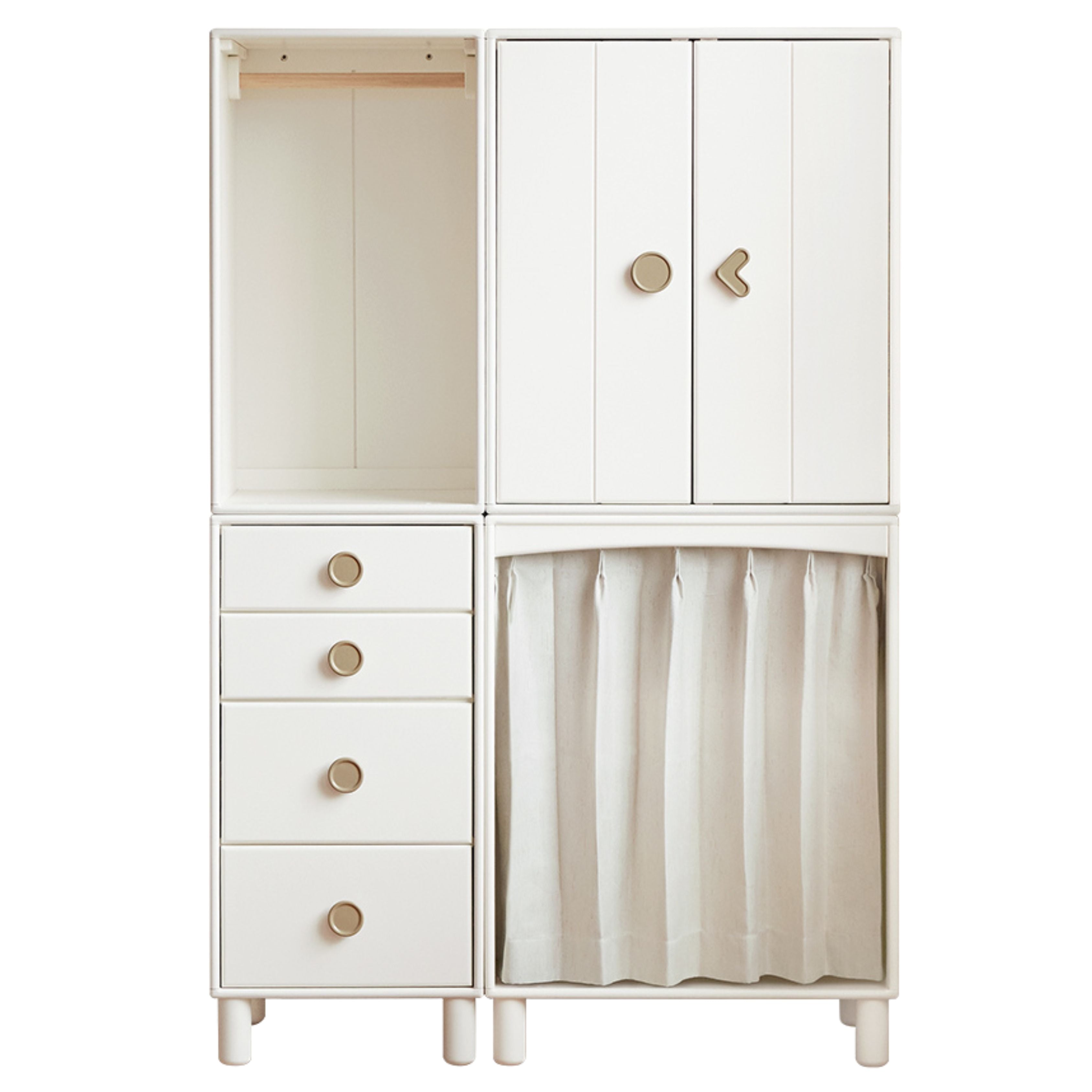 49.2x19.7x74 inch / 125x50x188 сm / White Color / Rubber wood open door wardrobe without legs + curtain wardrobe with legs + open cabinet without legs + chest of drawers with legs