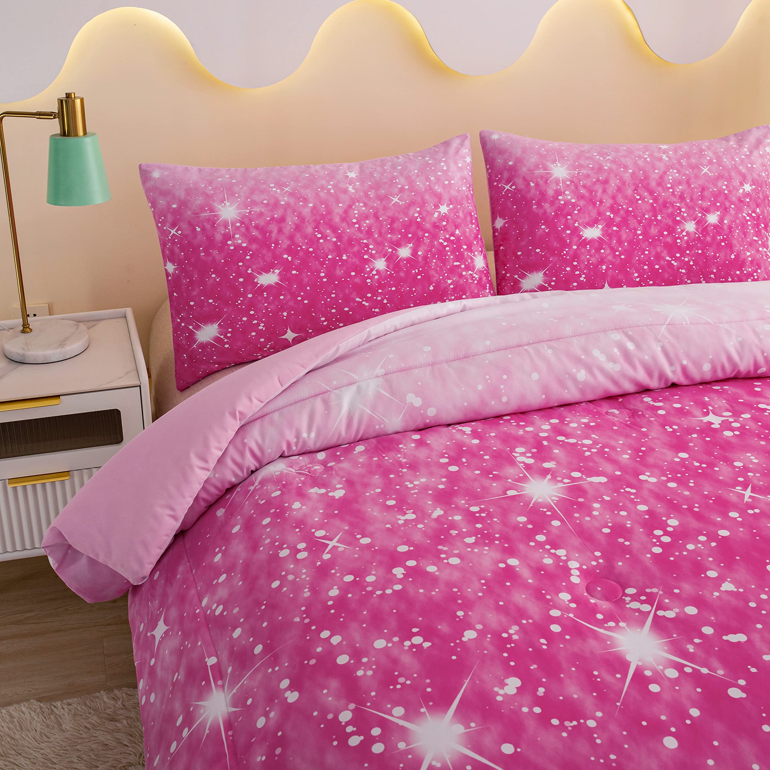 Sparkly Galaxy Full Size Comforter Set for Girls - Pink Glitter Bedding with 2 Pillowcases (3 Piece Set) | Soft & Cozy Teen Room Decor for Sleepovers & Birthday Gifts