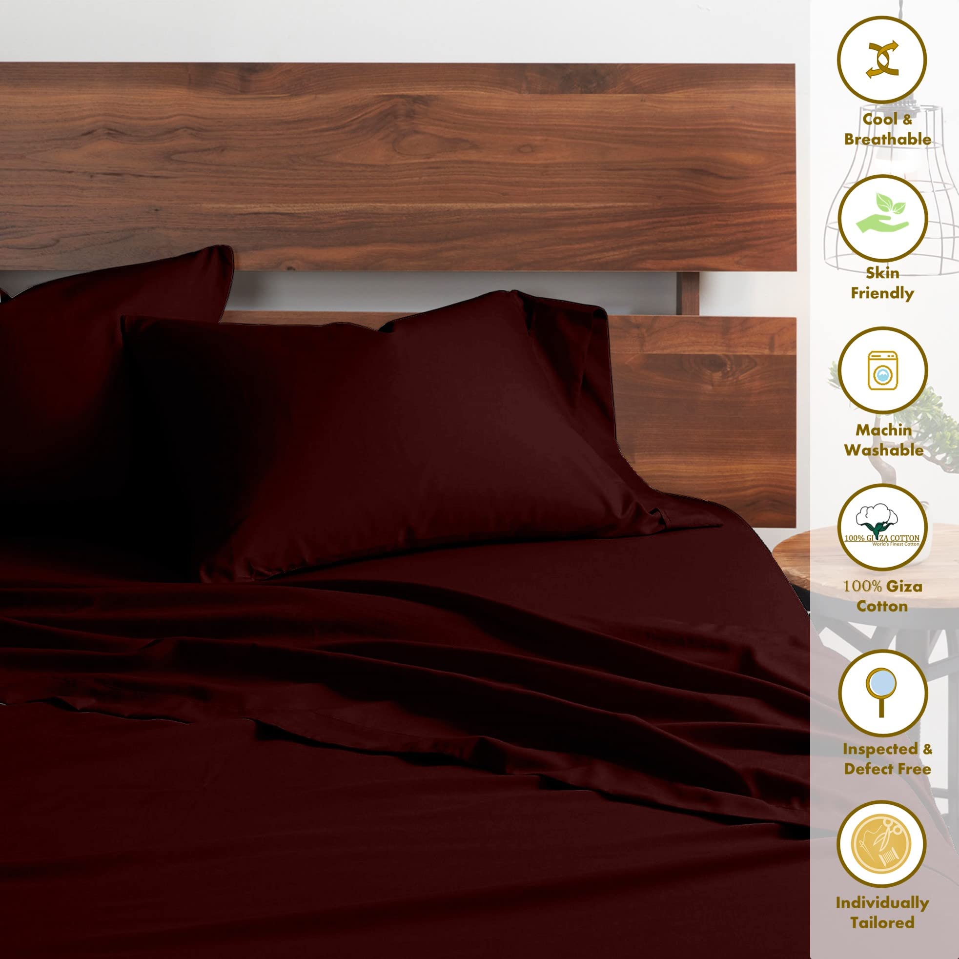Premium 100% Certified Giza Cotton Pillowcase & Sheet Set - Queen XL Size, Soft Sateen Weave, Breathable Egyptian Cotton Bedding for 18-Inch Deep Pocket Mattress - Wine Red - Perfect for Luxurious Sleep & Hotel-Style Comfort