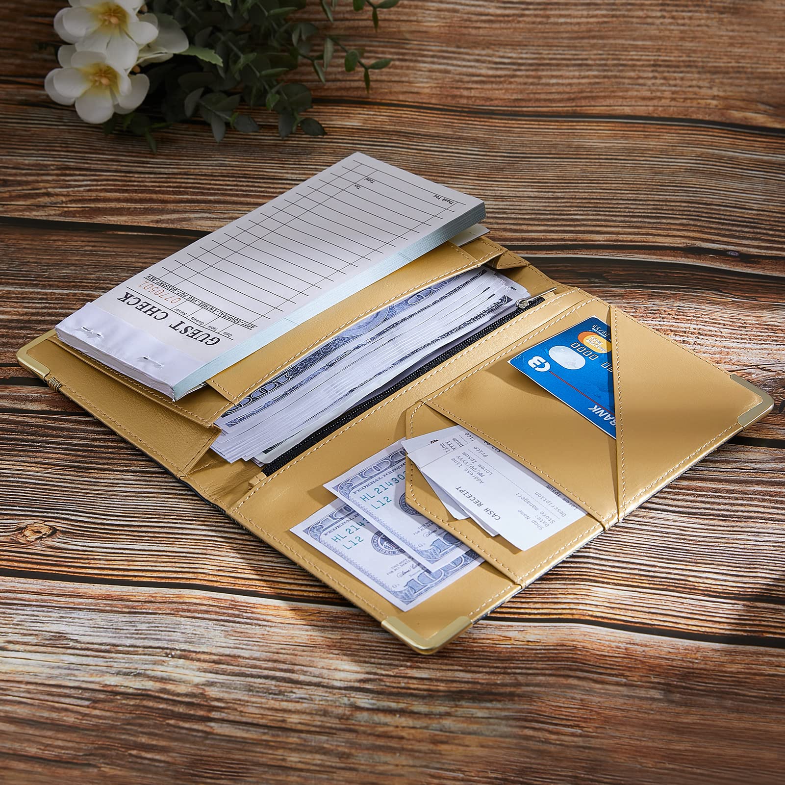 Professional Black PU Leather Server Book for Waitresses - Alphabet Waitress Book with Zipper Pocket, Cute Waiter Notebook for Restaurant Staff (Fits Server Apron, Perfect for Order Taking & Tip Tracking)