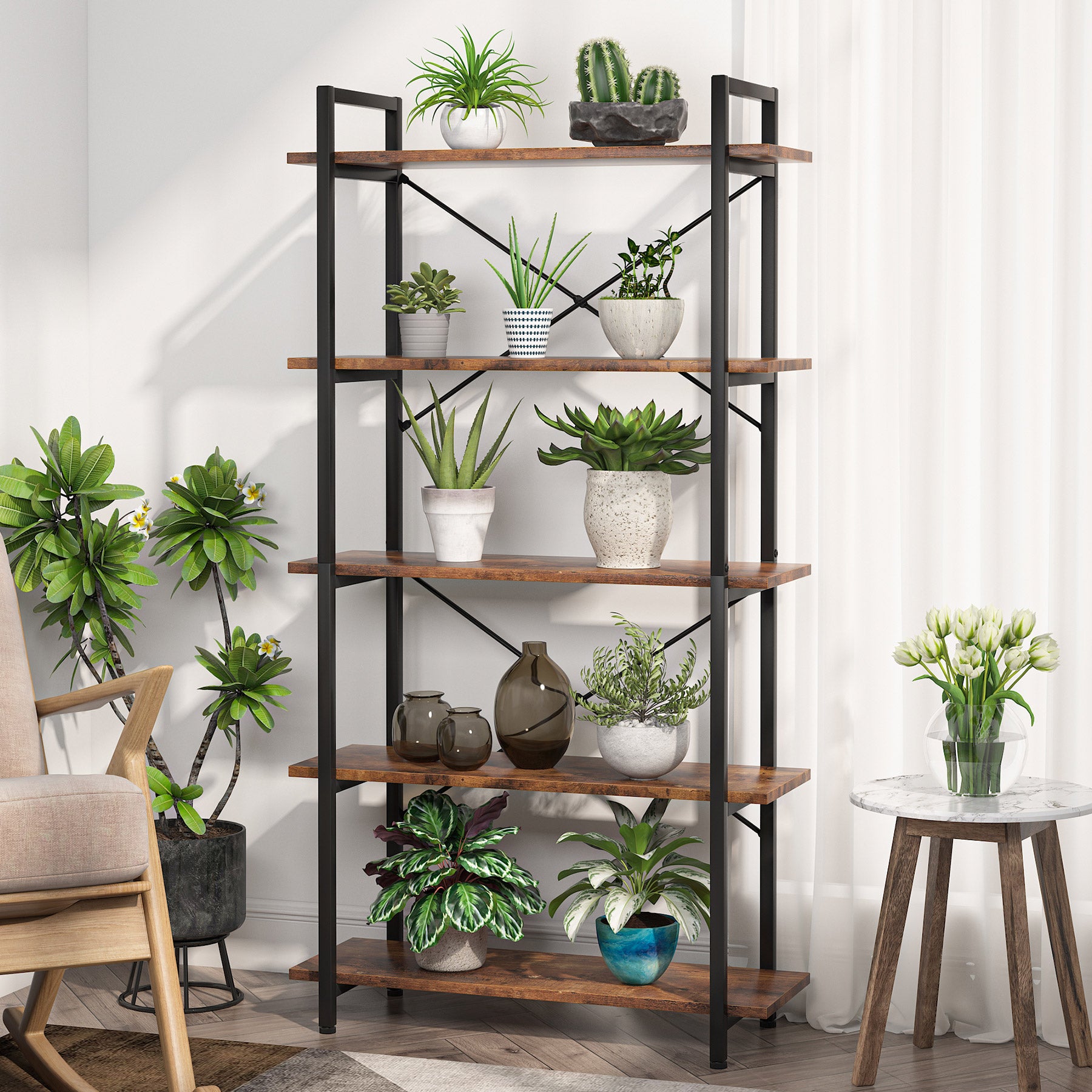 5 Tier Industrial Bookshelf - Brown Wooden Bookcase Display Shelf Unit for Living Room, Office & Home Decor