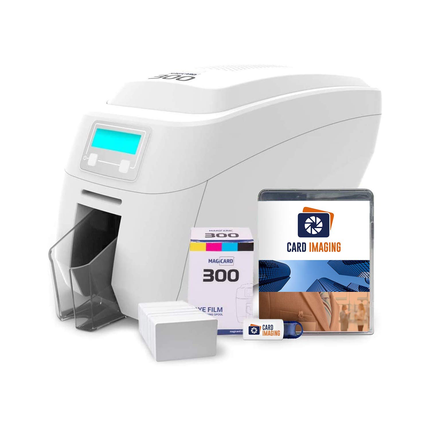 Magicard 300 Dual-Sided ID Card Printer with Supplies Bundle - Professional Badge Maker Machine (3300-0021) for Office Security, Employee ID Cards & Event Credentials