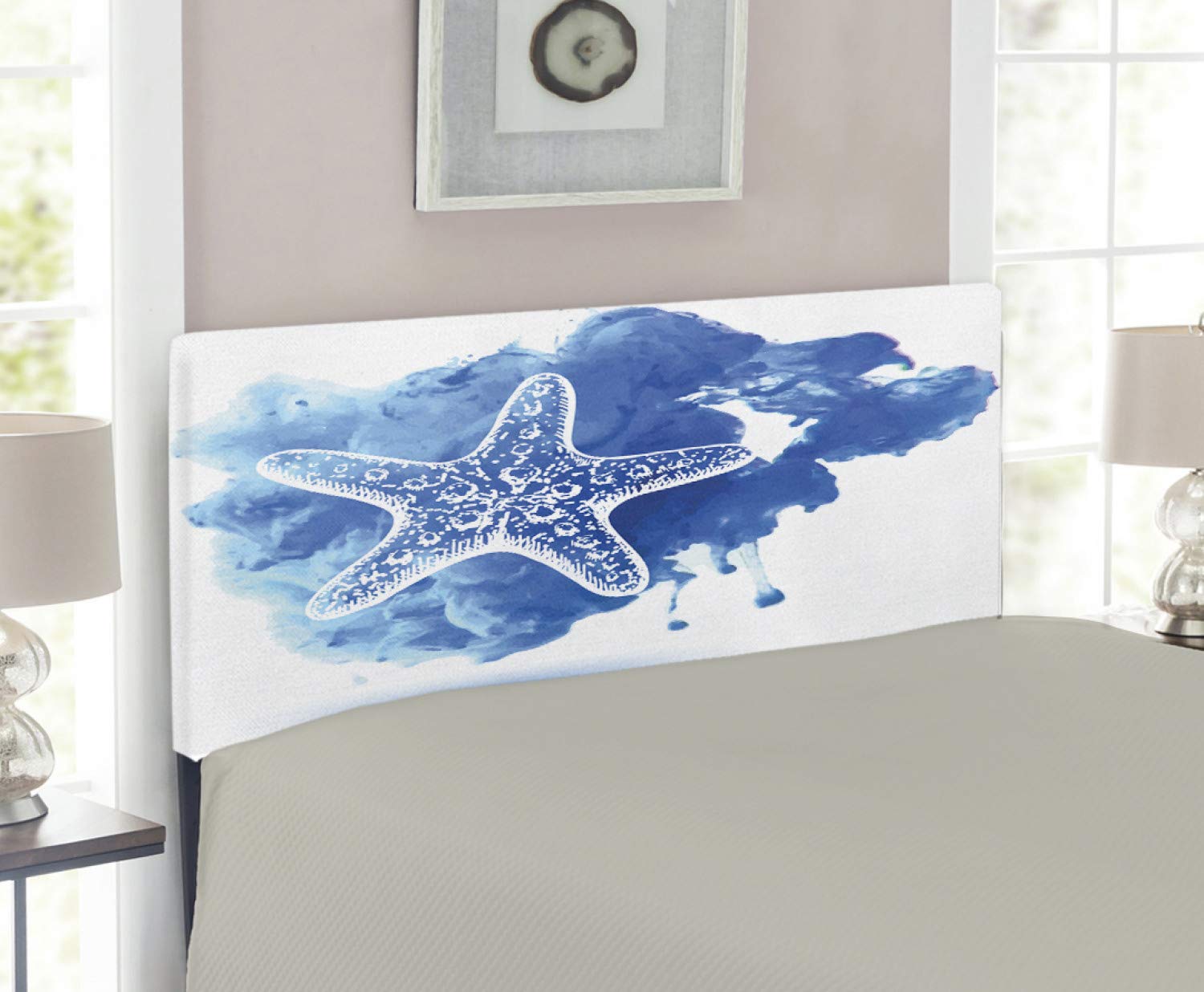 Lunarable Nautical Upholstered Metal Headboard with Memory Foam - Starfish Watercolor Splash Marine Design for Twin Size Bed, Blue | Coastal Bedroom Decor, Guest Room Upgrade, Beach House Furniture