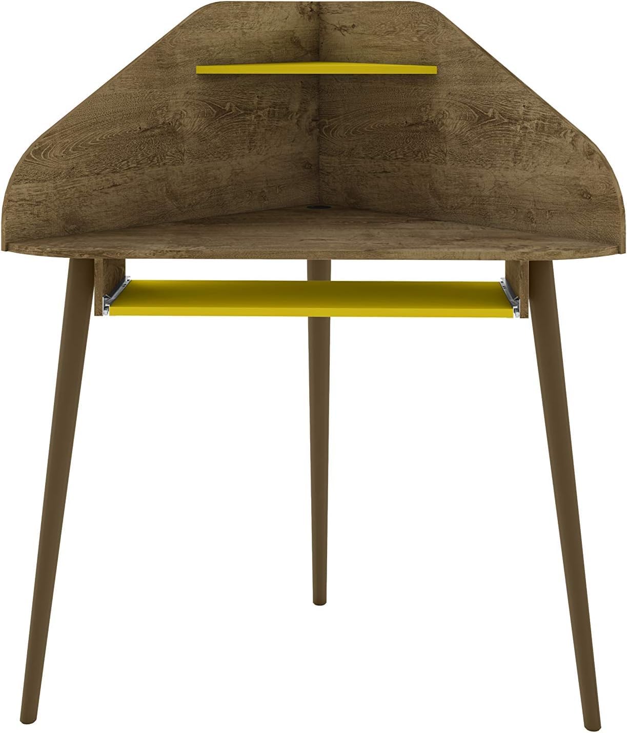Bradley Corner Desk for Small Spaces with Overhead Shelf & Keyboard Drawer | Mid Century Modern Study Desk with Wire Management | Rustic Brown/Yellow | Perfect for Home Office, Dorm Room & Apartment Workspaces
