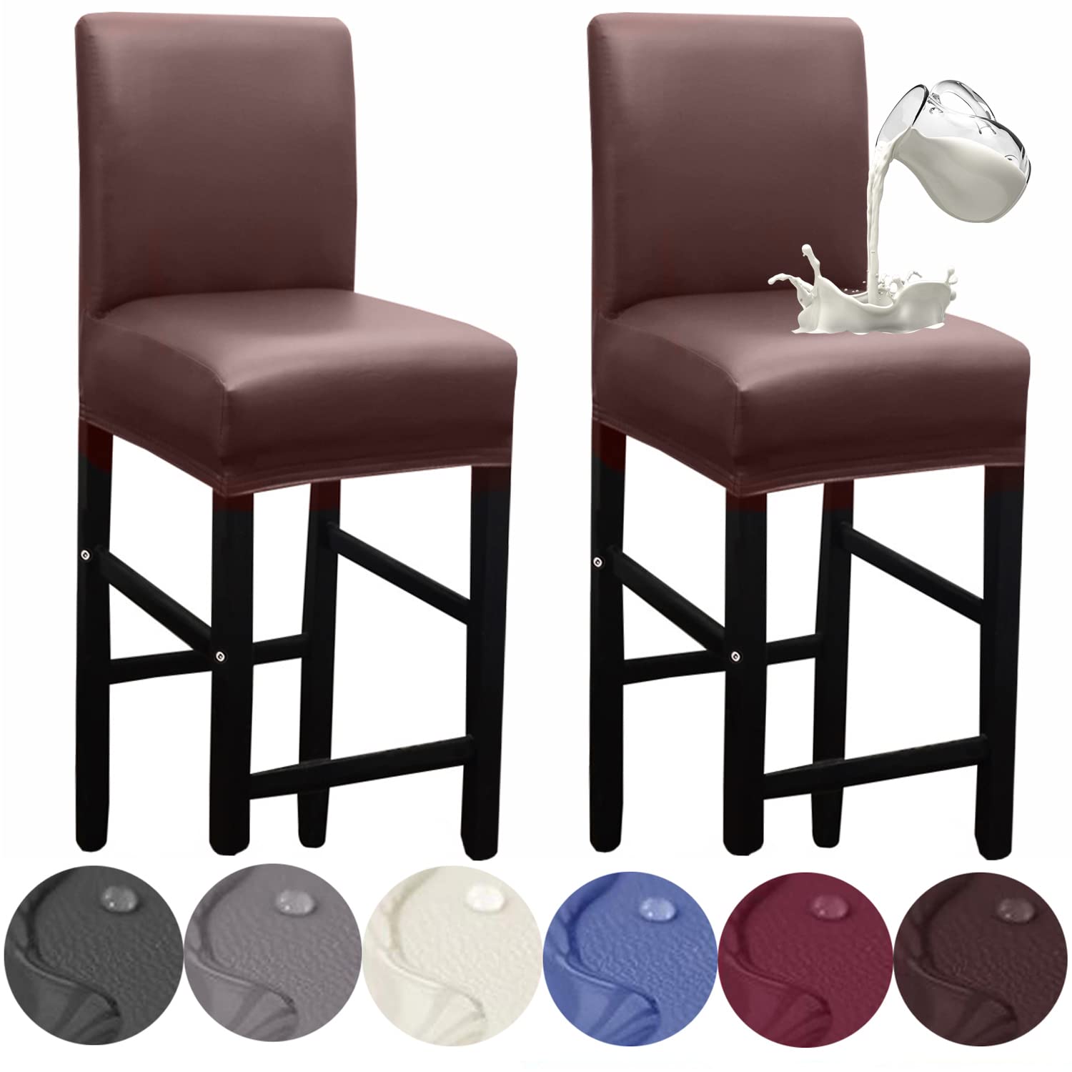 2 Pack Stretch Waterproof PU Bar Stool Covers with Backs - Durable Slipcovers for Pub, Counter & Coffee Shop Stools - Perfect for Home, Restaurant & Commercial Use