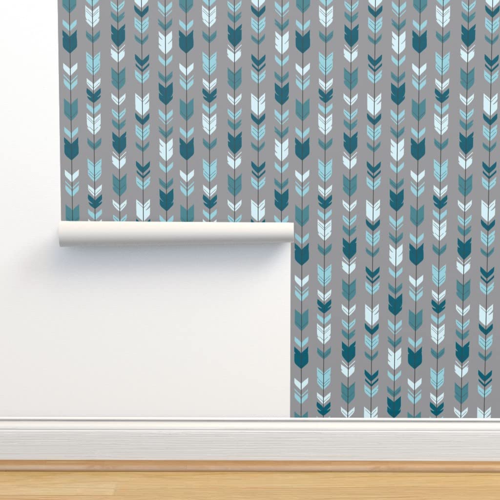12ft x 2ft Removable Wallpaper - Teal Blue Grey Arrow & Feather Design | Woodland Nursery Decor | Rustic Baby Boy Room | Pre-Pasted Peel & Stick Wallpaper by Spoonflower | Perfect for Kids' Bedrooms, Dorm Rooms & Home Offices