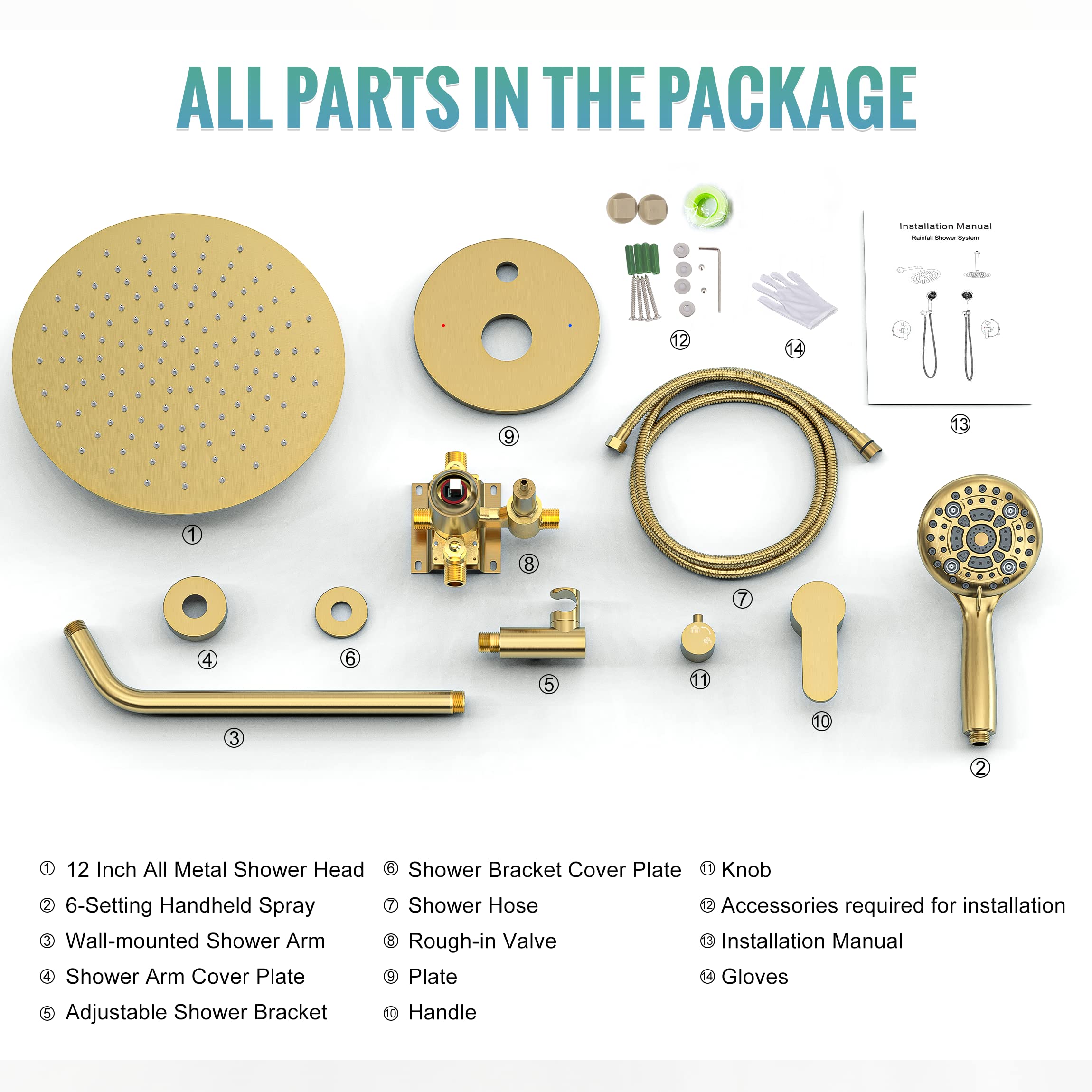 SR SUN RISE 12 Inch High Pressure Shower Head System - Brushed Gold Multifunctional Shower Faucet with Handheld Spray & Valve - Perfect for Bathroom, Spa & RV Use