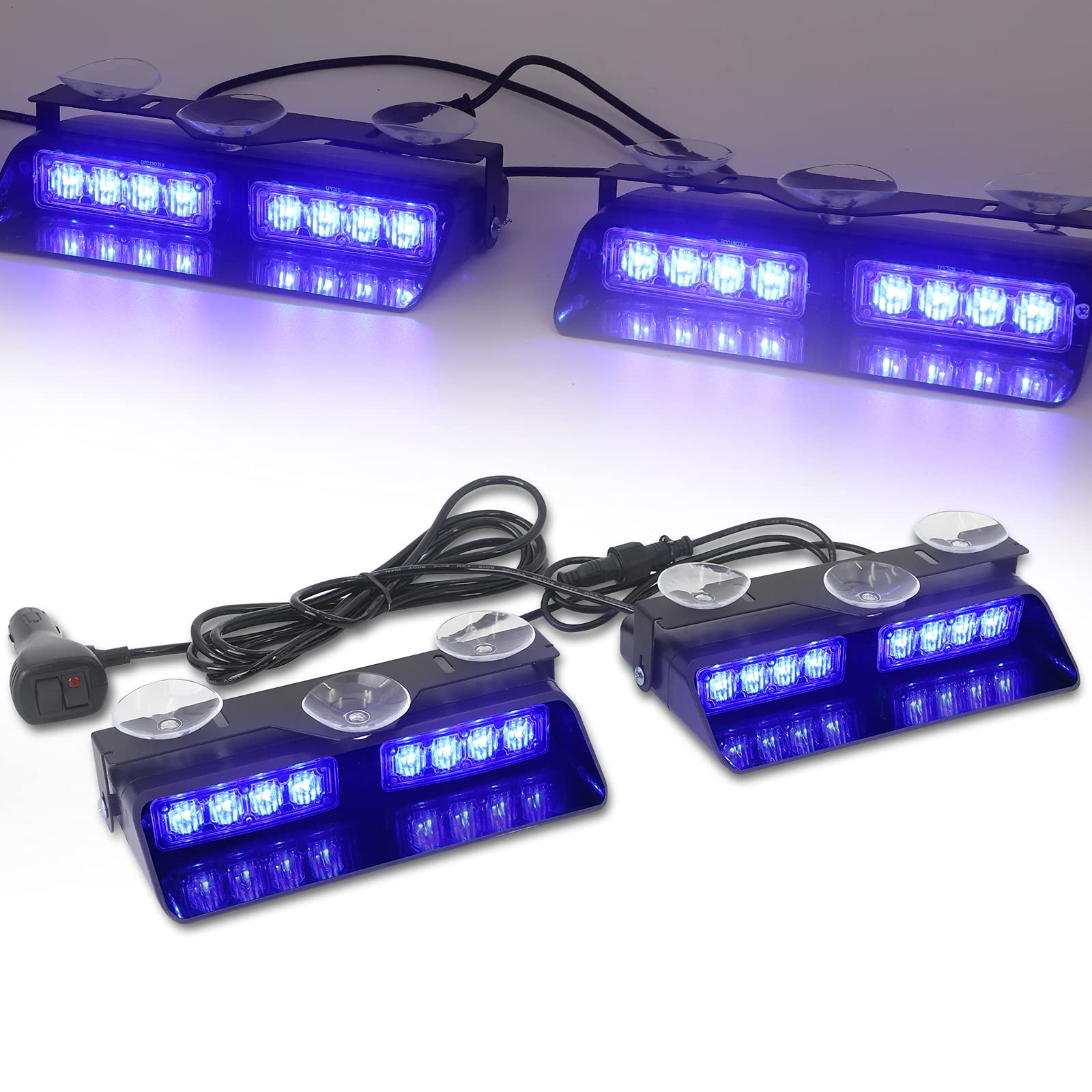 XRIDONSEN 2 in 1 Blue Emergency Strobe Lights - 16 LED Warning Safety Flashing Lights with Suction Cups for Windshield - Perfect for Ambulance, Firefighter, Police Vehicles & Trucks (2×7.16 inch) - Ideal for Emergency Response, Roadside Assistance & Nighttime Visibility