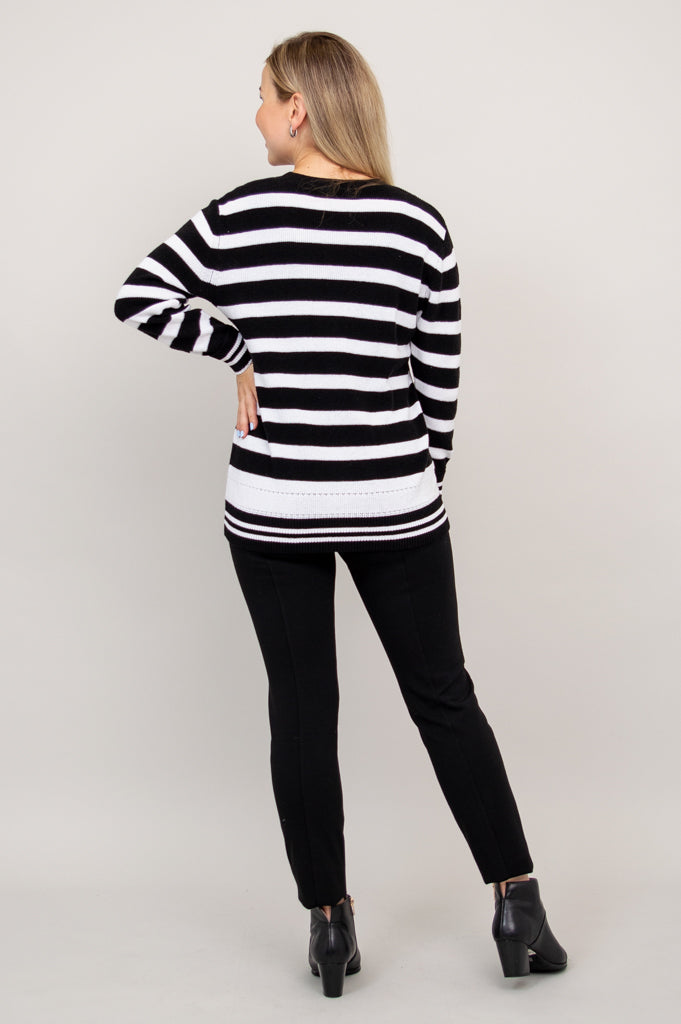 Kenny Sweater for Women - Black & White Striped Cotton Knit Pullover | Cozy Casual Wear for Fall & Winter