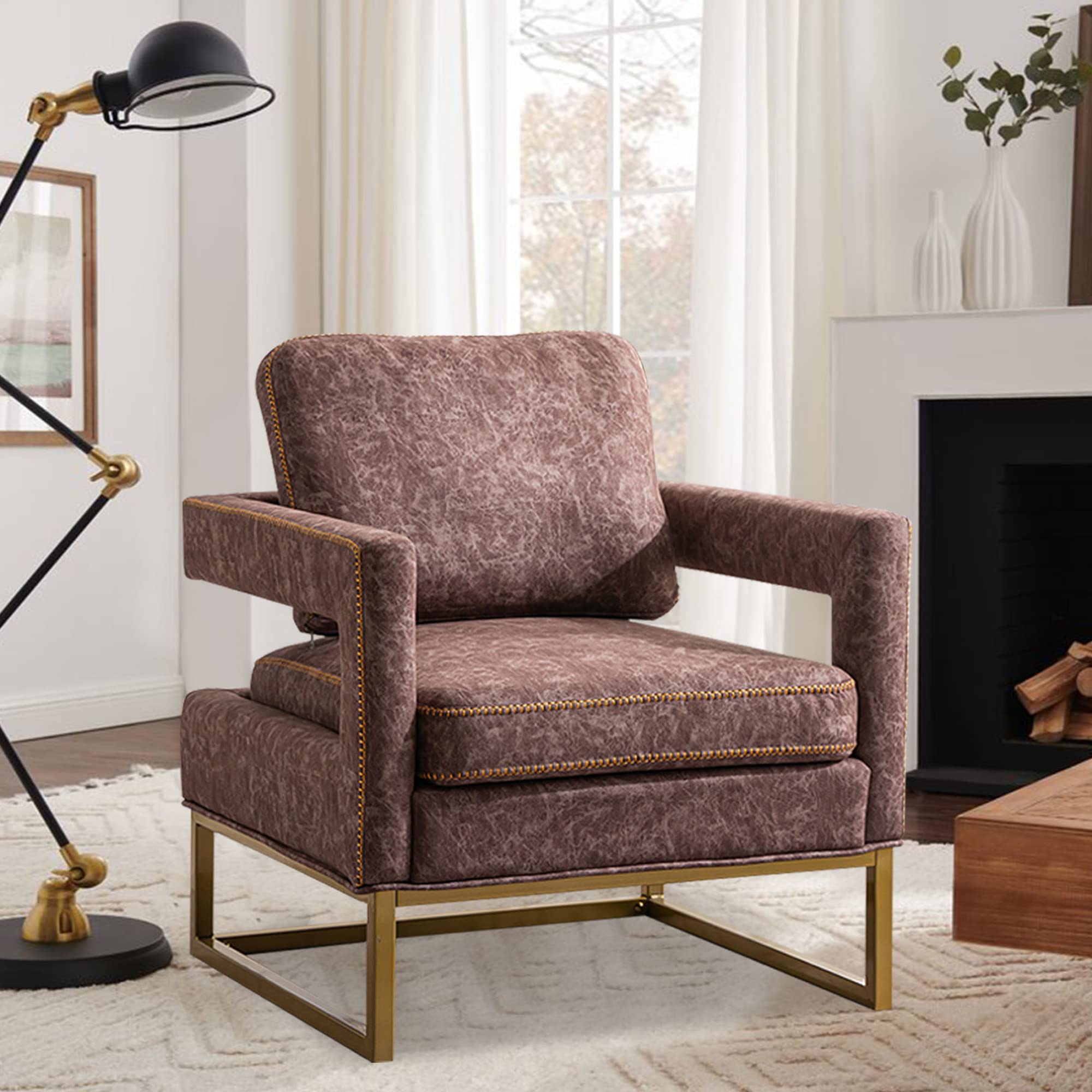 Modern Mid Century Accent Chair with Removable Backrest & Cushion - Brown Upholstered Lounge Armchair with Gold Legs for Living Room, Bedroom & Office | Comfortable Seating for Relaxing, Reading & Decor