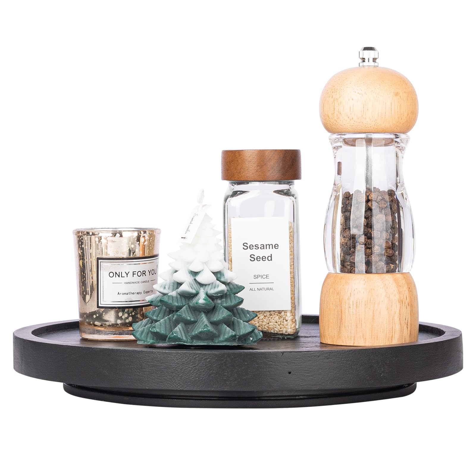 10 Inch Black Wood Lazy Susan Turntable - Kitchen Cabinet Organizer, Farmhouse Bathroom Decor, Round Decorative Tray for Vanity, Counter, Sink & Coffee Table - Perfect for Spice Storage, Makeup Organization & Home Decor Display