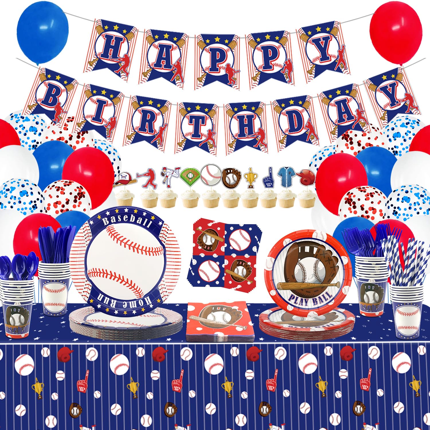 Baseball Party Supplies Kit - 20-Piece Baseball Themed Tableware Set with Banner, Plates, Cups, Napkins, Cutlery & Tablecloth for Kids Birthday Decorations | Perfect for Baseball Fan Parties, Team Celebrations & Sports Themed Events