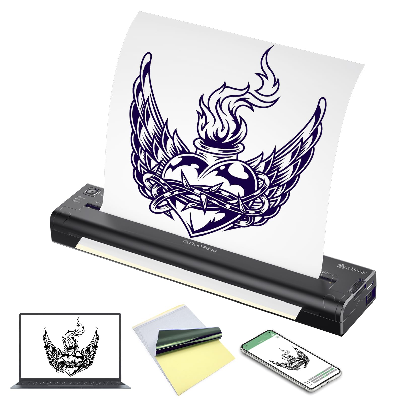BIOMASER Wireless Tattoo Stencil Printer - Thermal Transfer Machine for Tattoo Artists (iOS/Android/PC Compatible) with 15 Transfer Papers - Perfect for Tattoo Studio, Home Practice & Professional Tattoo Design