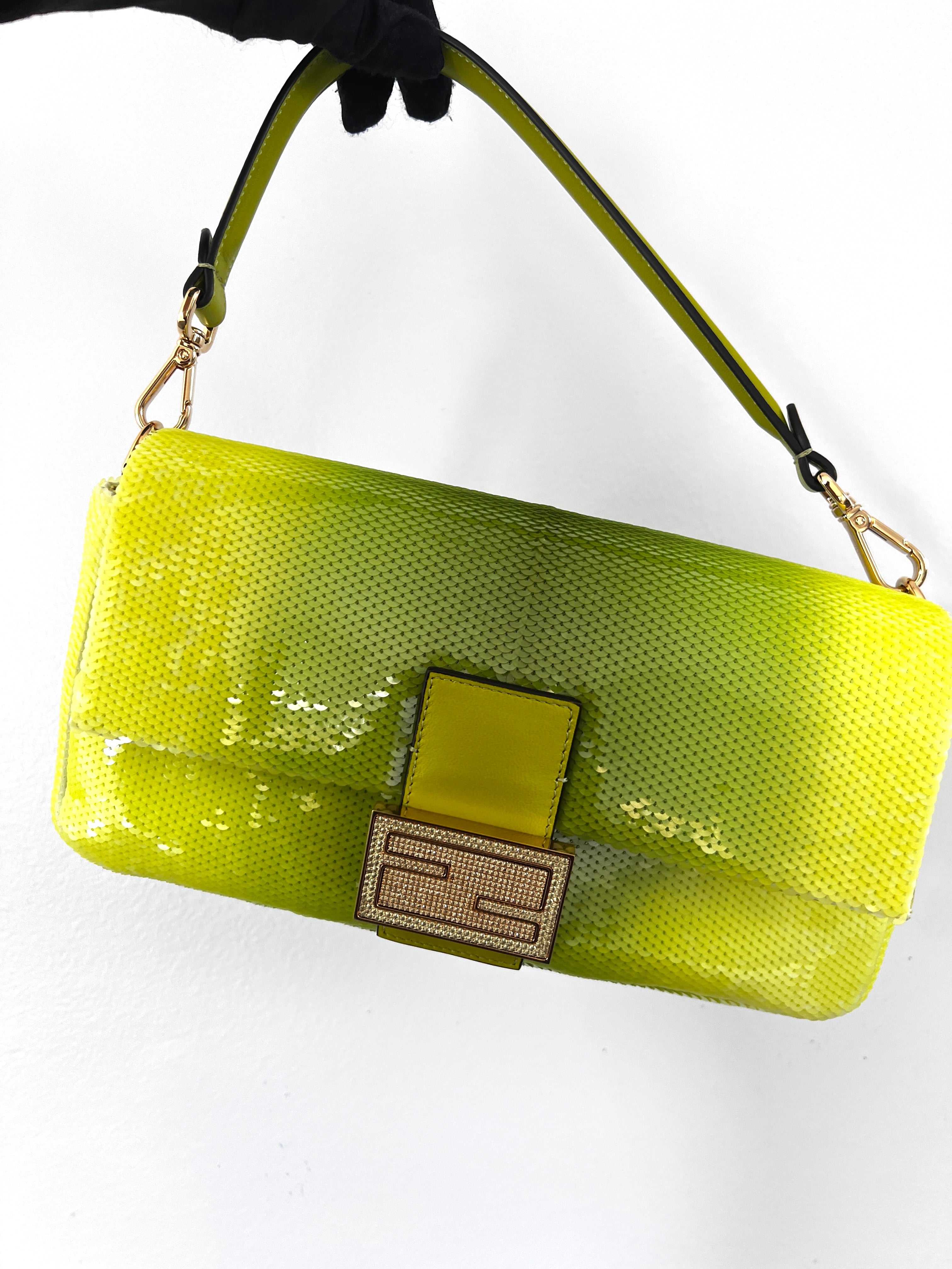 Fendi & SJP Green Sequin Baguette Bag - Luxury Designer Clutch for Evening Parties, Weddings & Special Occasions