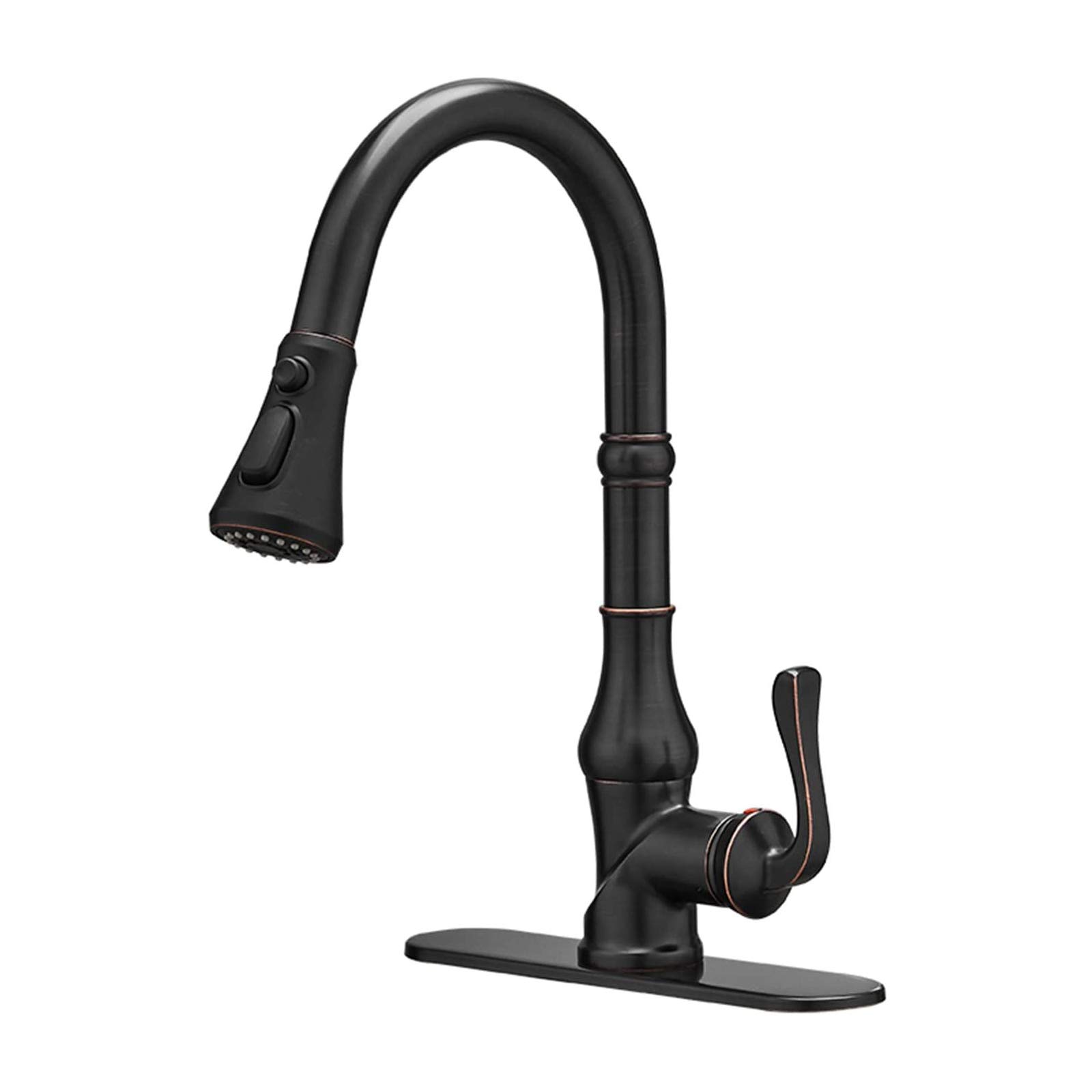BWE High Arc Pull Out Kitchen Faucet with 3 Spray Modes - Single Handle Oil Rubbed Bronze Farmhouse Sink Faucet with Deck Plate - Perfect for Commercial Bars & Modern Farmhouse Kitchens