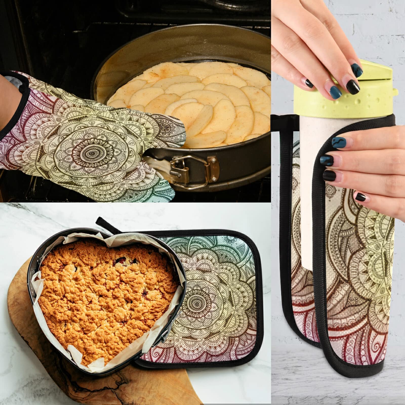 Aflyko Heat Resistant Oven Mitts and Pot Holders Set - Floral Mandala Design Kitchen Gloves for Baking, Grilling, BBQ - Perfect Valentine's Day & Mother's Day Gift for Home Cooks