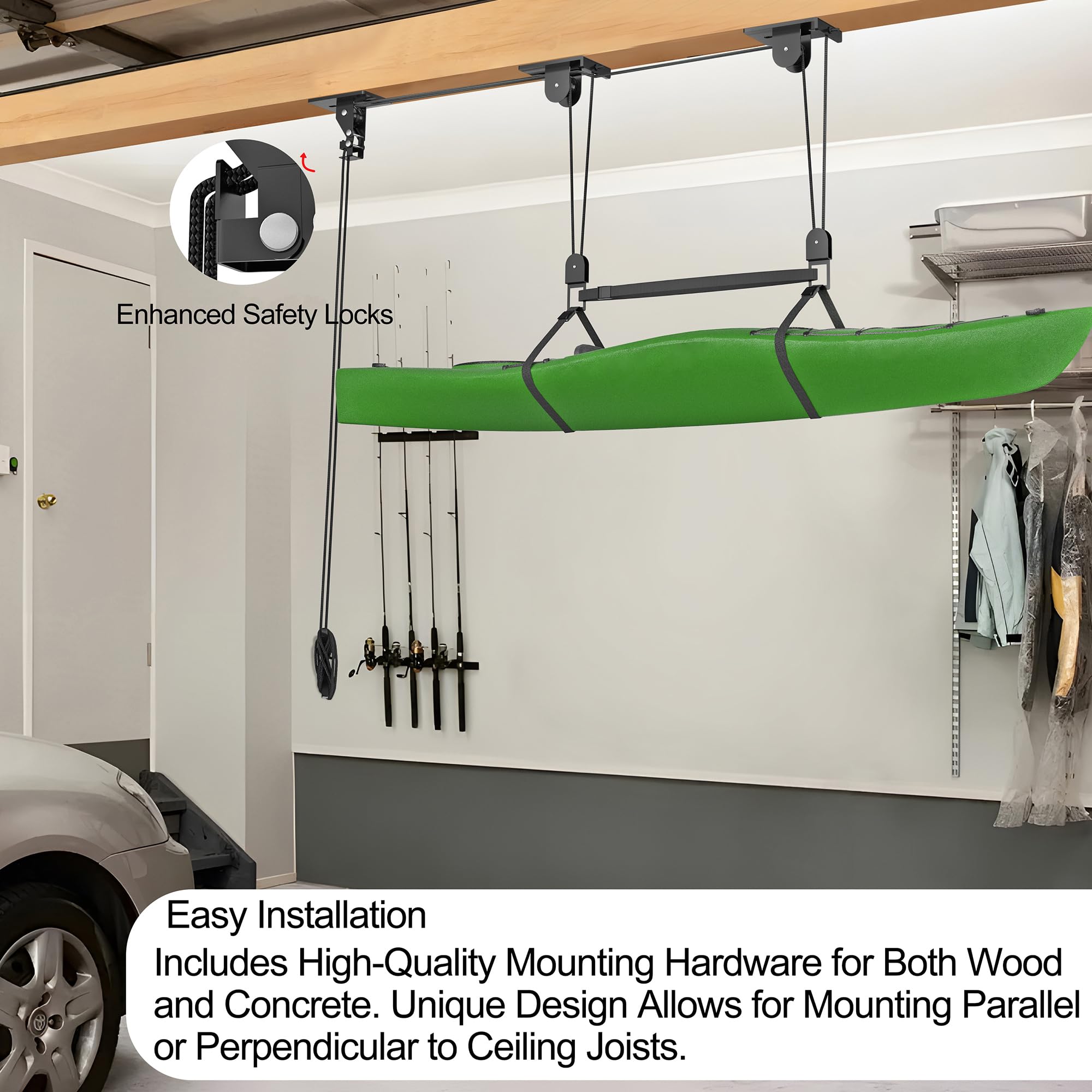 2025 Upgraded Heavy Duty Kayak Hoist System for Garage Ceiling - 200 lbs Capacity Canoe Lift Storage with Pulley - Fits 10-20 Foot Ceilings (Black) - Perfect for Kayak, Canoe & Paddleboard Storage in Garage, Basement or Shed