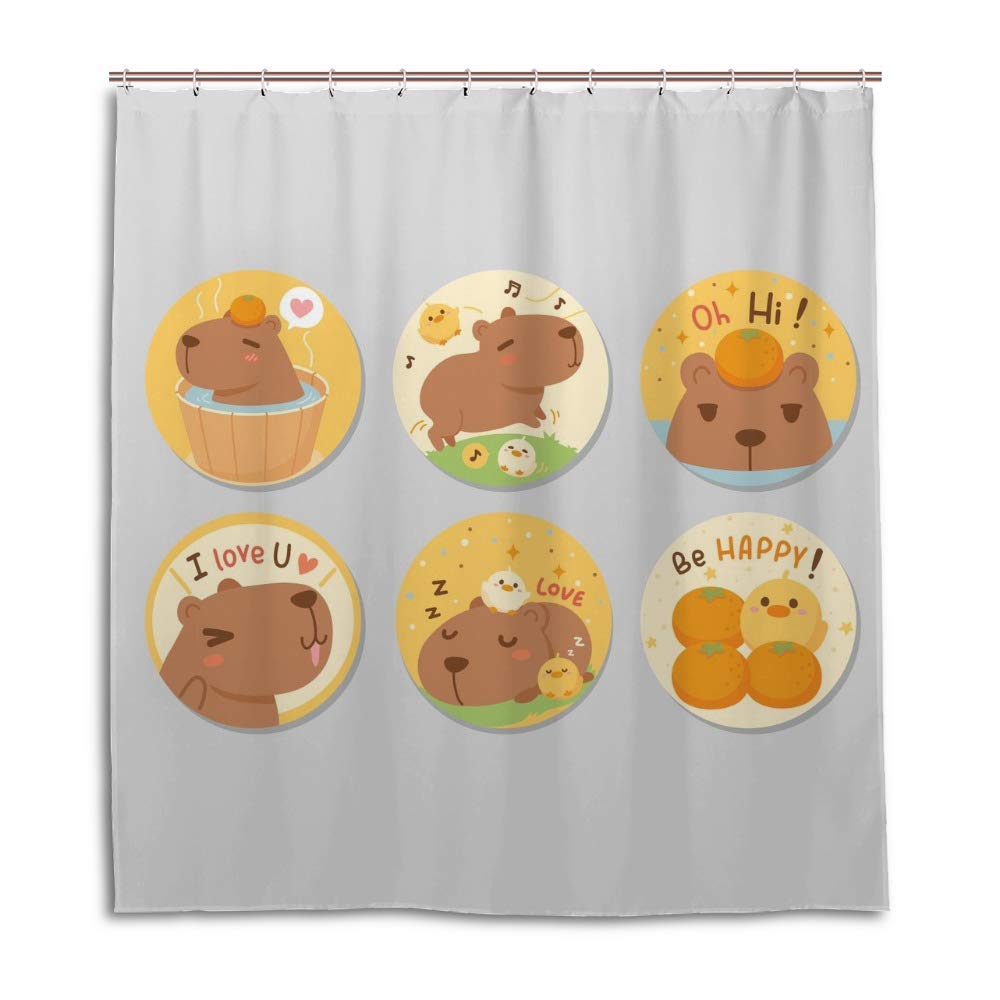 Waterproof Polyester Shower Curtain with 12 Hooks - Cute Happy Capybara Design, 72x72 Inch, Machine Washable & Durable Bathroom Decor for Kids and Adults - Perfect for Modern Bathrooms, Guest Rooms, and Dormitories