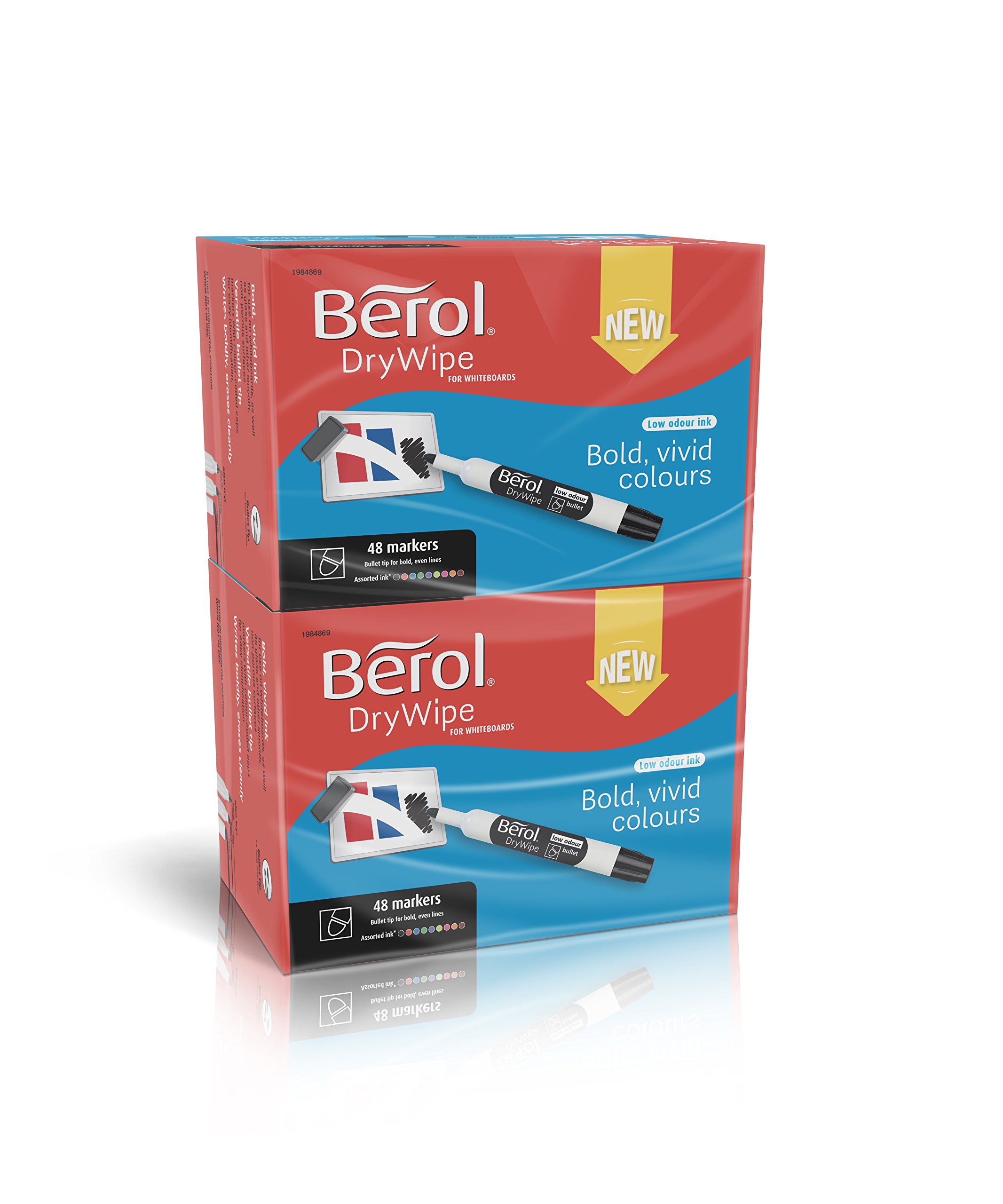 Berol DryWipe Whiteboard Marker Pens - Bullet Tip, 98-Pack Assorted Colors with Low-Odour Ink for Classroom, Office & Home Use | Dry Erase Markers for Whiteboards, Glass & Non-Porous Surfaces