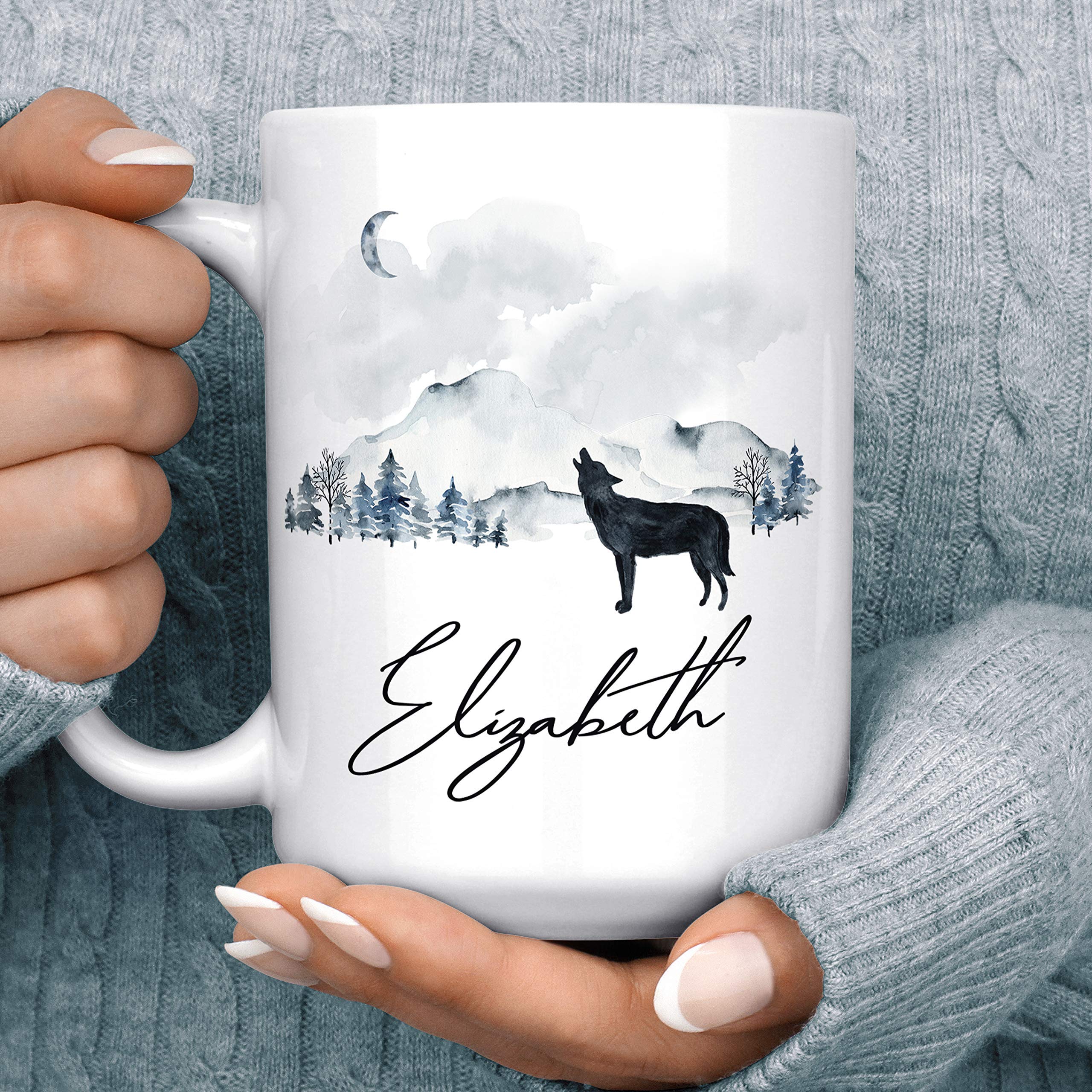 Personalized Wolf Watercolor Mountain Scene Coffee Mug - Custom Name Ceramic Cup | Microwave & Dishwasher Safe | Perfect for Office Gifts, Housewarming Presents & Coffee Lovers