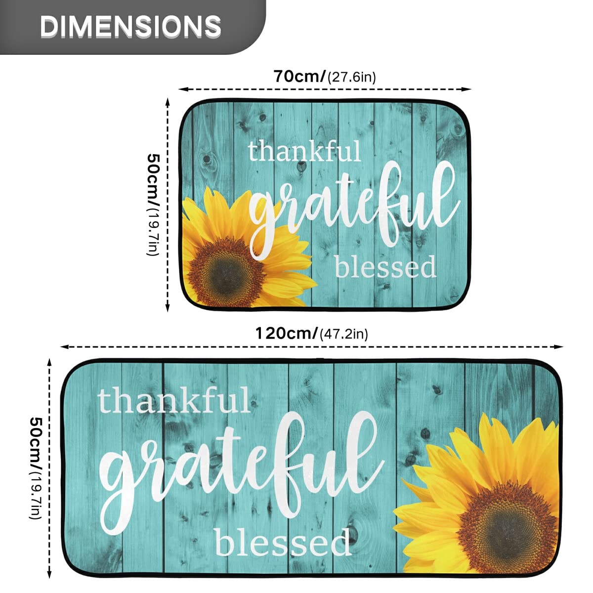 Non-Slip Washable 2-Piece Teal Sunflower Kitchen Rug Set - Turquoise Runner Mats for Floors, Laundry Room & Home Decor | Perfect for Farmhouse Kitchens & Entryways