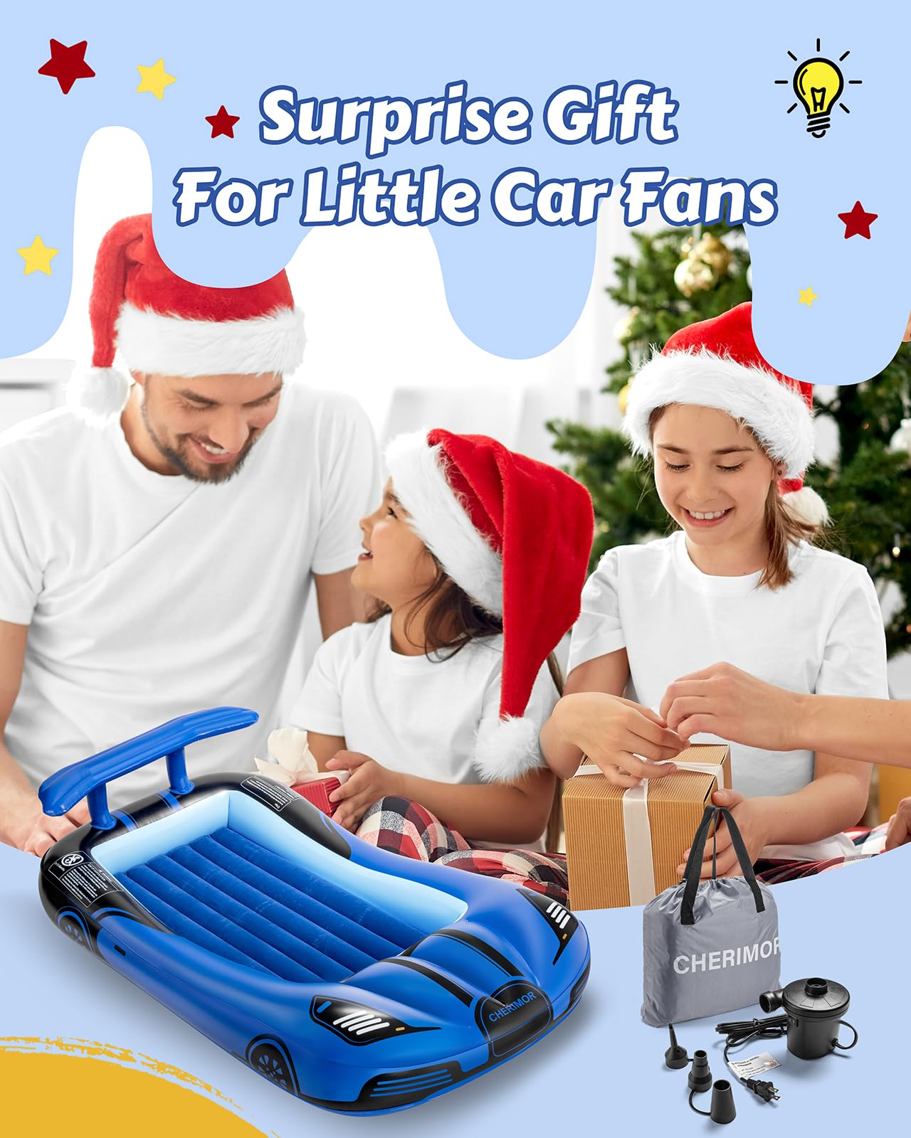 Inflatable Toddler Travel Bed with Safety Bumpers - Portable Racecar Air Mattress for Kids with Electric Pump | Perfect for Travel, Camping, Sleepovers & Vacation Gifts | Durable & Comfortable for Indoor & Outdoor Use