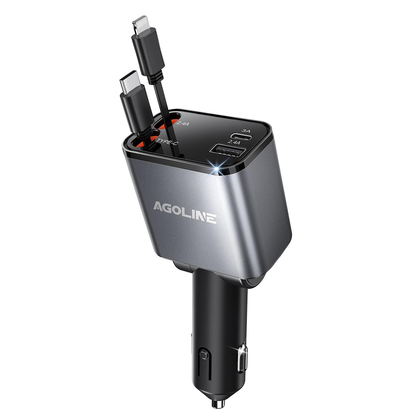 Retractable 4-in-1 Fast Car Charger with 2.6ft Cables & USB/Type-C Ports - Compatible with iPhone 16/15/14/13 Pro Max, Galaxy, Pixel - Perfect for Road Trips, Commuting & Emergency Phone Charging