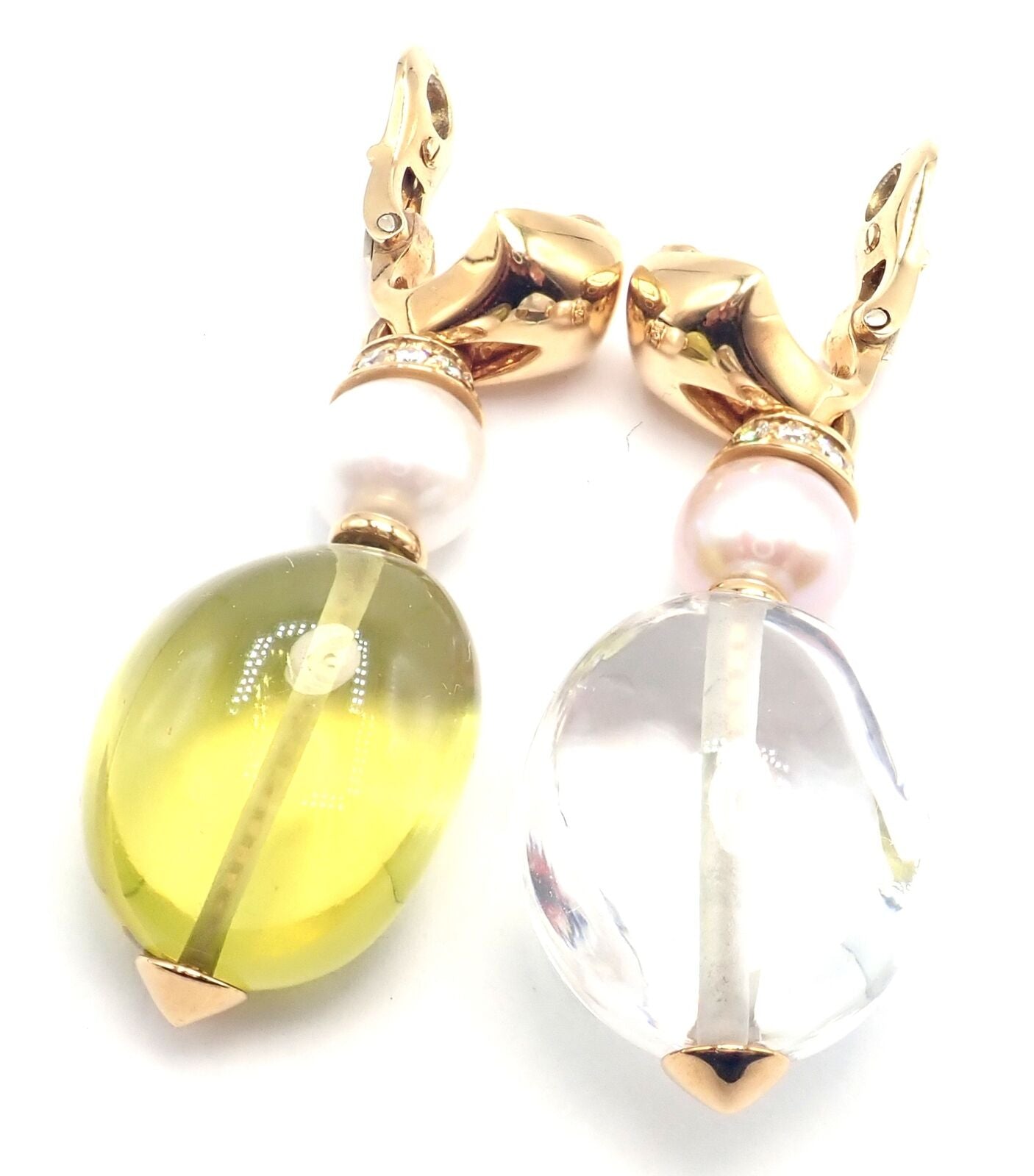 Authentic Bulgari Bvlgari 18k Gold Diamond Pearl Peridot Crystal Drop Earrings for Women - Luxury Statement Jewelry for Parties, Weddings & Special Occasions