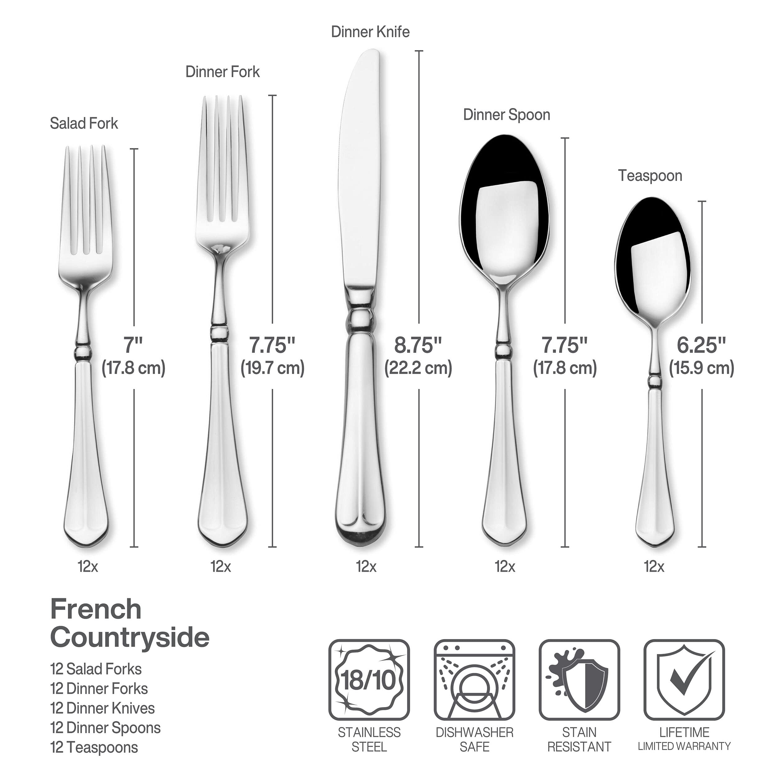 Premium Mikasa French Countryside 65-Piece Flatware Set for 12 - 18/10 Stainless Steel Silverware with Serving Utensils - Elegant Dinnerware for Formal Dining, Holiday Entertaining & Wedding Gifts