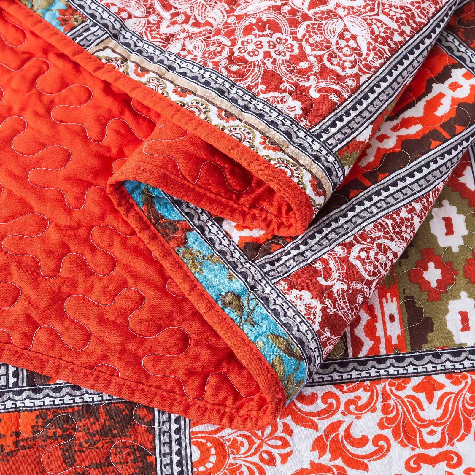 NEWLAKE Cotton Bedspread Quilt Set - Reversible Patchwork Coverlet with Mediterranean Bohemian Pattern, King Size Bedding for Master Bedroom & Guest Room