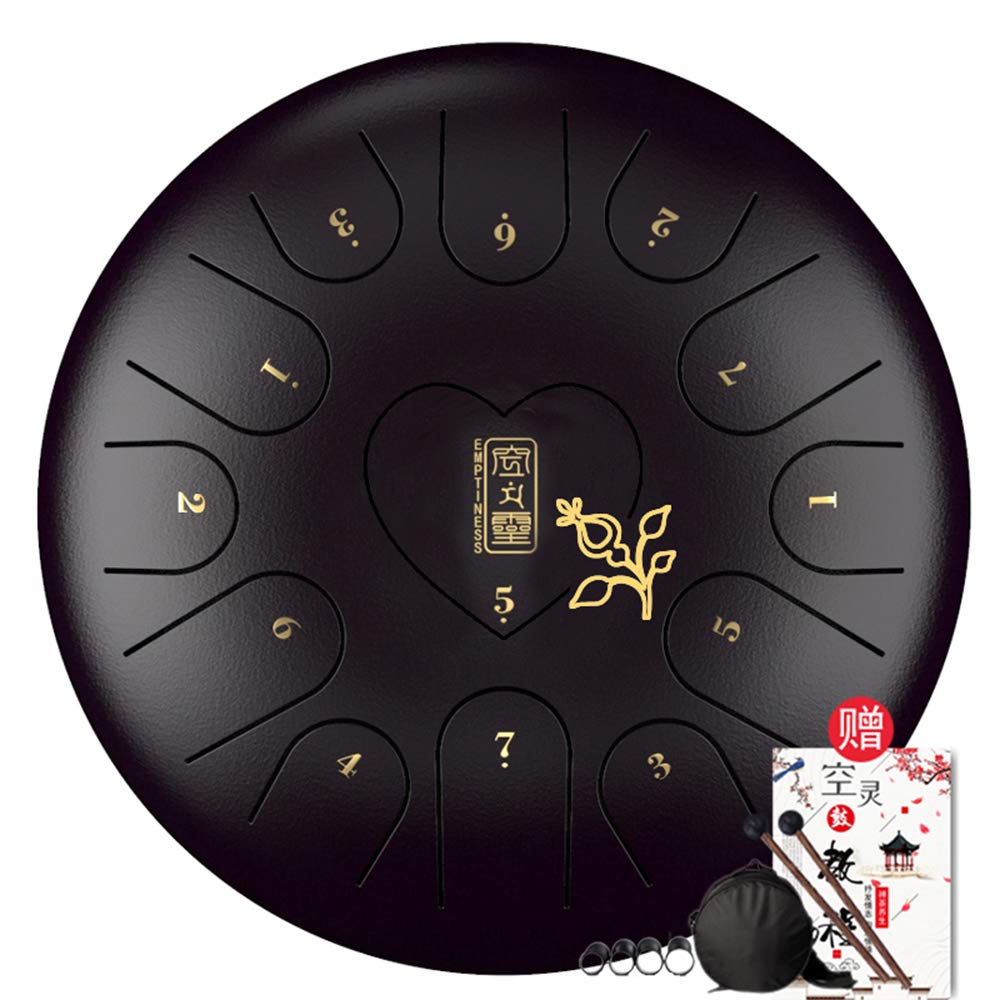 12 Inch High Carbon Steel Tongue Drum - 13 Notes Handpan with Hammer, Drumstick Bracket, Rubber Finger Guards & Carry Bag | Professional German-Made Percussion Instrument for Meditation, Yoga, Music Therapy & Outdoor Camping (Black)