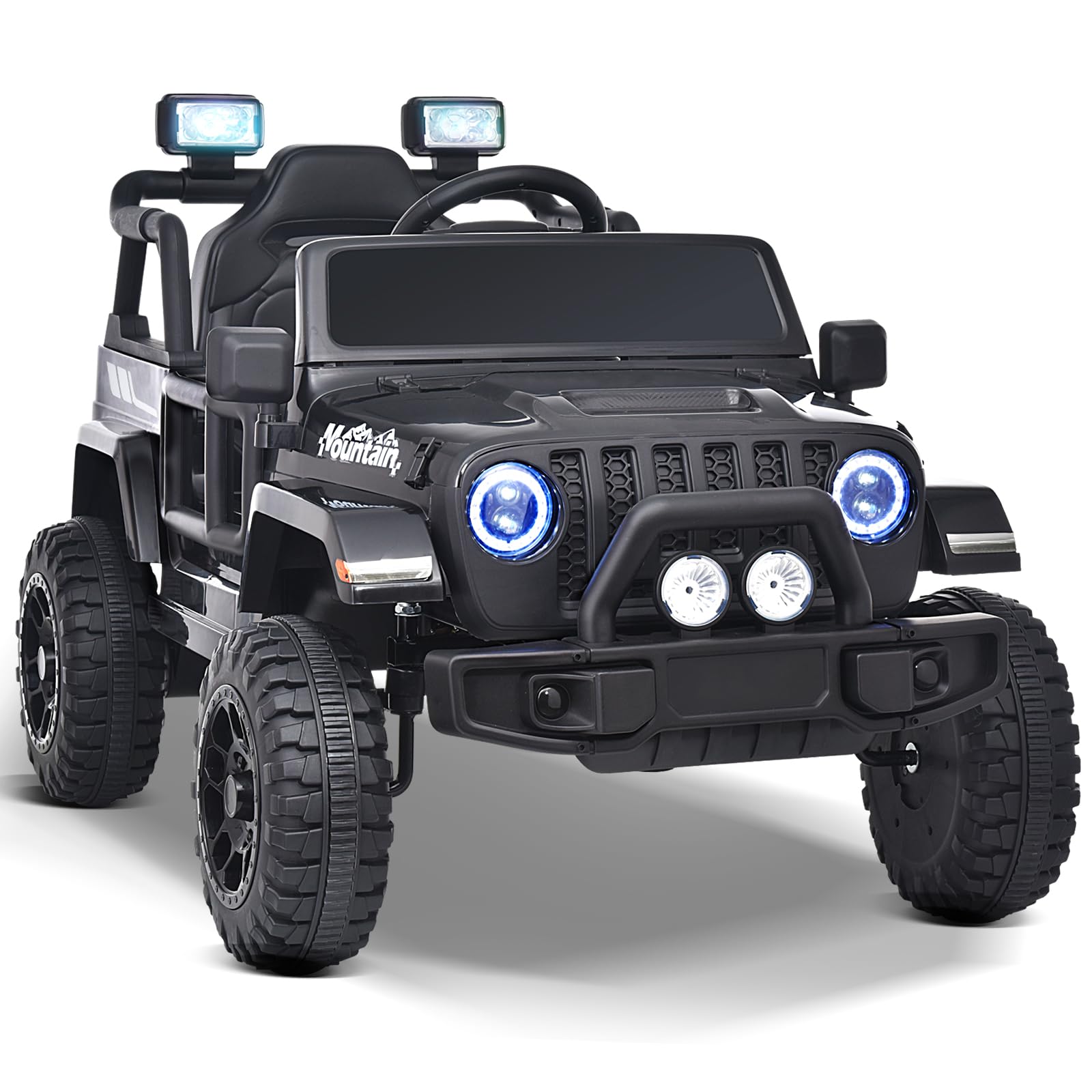 Joywhale 12V Kids Electric Ride-On Truck with Remote Control - 4-Wheel Suspension, LED Lights, Music & FM Radio, Seat Belt - Battery Powered Motorized Car for Boys & Girls (Black) | Perfect for Indoor & Outdoor Play, Birthday Gifts, and Backyard Adventures