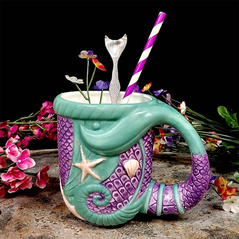 BarConic® Tiki Mermaid Tail Mug - 16 oz Ceramic Tropical Drinkware for Cocktails, Juice & Iced Coffee - Perfect for Beach Parties, Luau Themed Events & Summer Decor