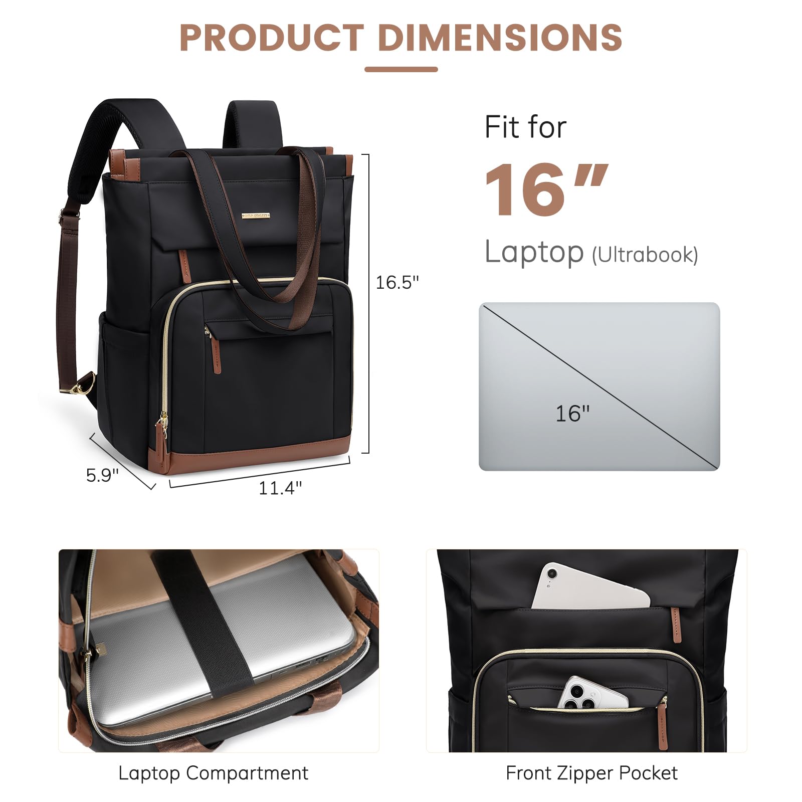 Convertible Laptop Backpack for Women & Men - 16Inch Black Daypack for Work, Travel & College