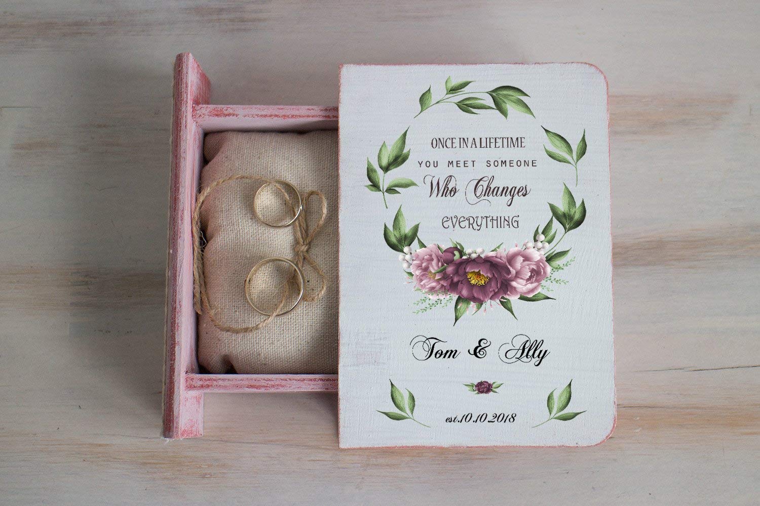 Ivory Wedding Ring Box with Floral Wreath - Personalized Engagement Ring Holder for Bride & Groom - Elegant Ring Bearer Box with Roses for Spring Weddings & Proposals