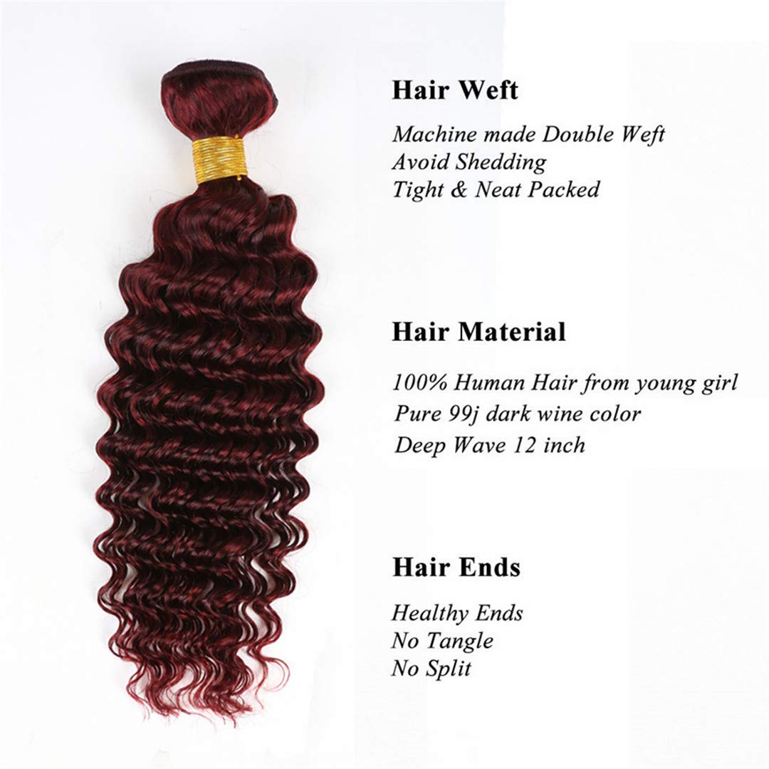Burgundy Deep Wave Brazilian Virgin Human Hair Weft #99J - 14 16 18 Inch Deep Curly Hair Bundles with 4x4 Lace Closure (Wine Red, Double Weft) for Sew-in Weave, Wig Making & Styling - 100% Human Hair Extensions for Natural Look