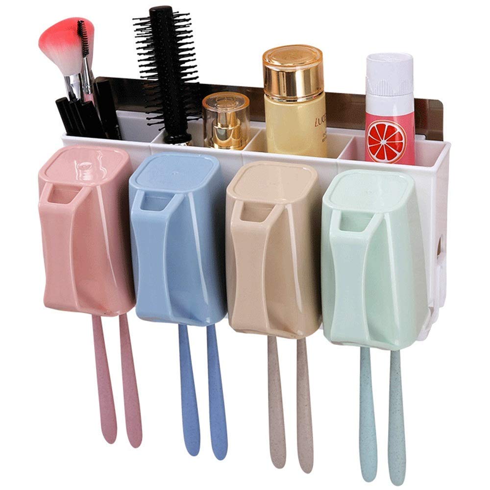 Wall-Mounted Electric Toothbrush Holder Set - 4 Cup No-Drill Bathroom Organizer with Toothpaste Storage | Space-Saving Solution for Small Bathrooms & Vanities | Perfect for Electric Toothbrushes, Manual Brushes & Oral Care Essentials